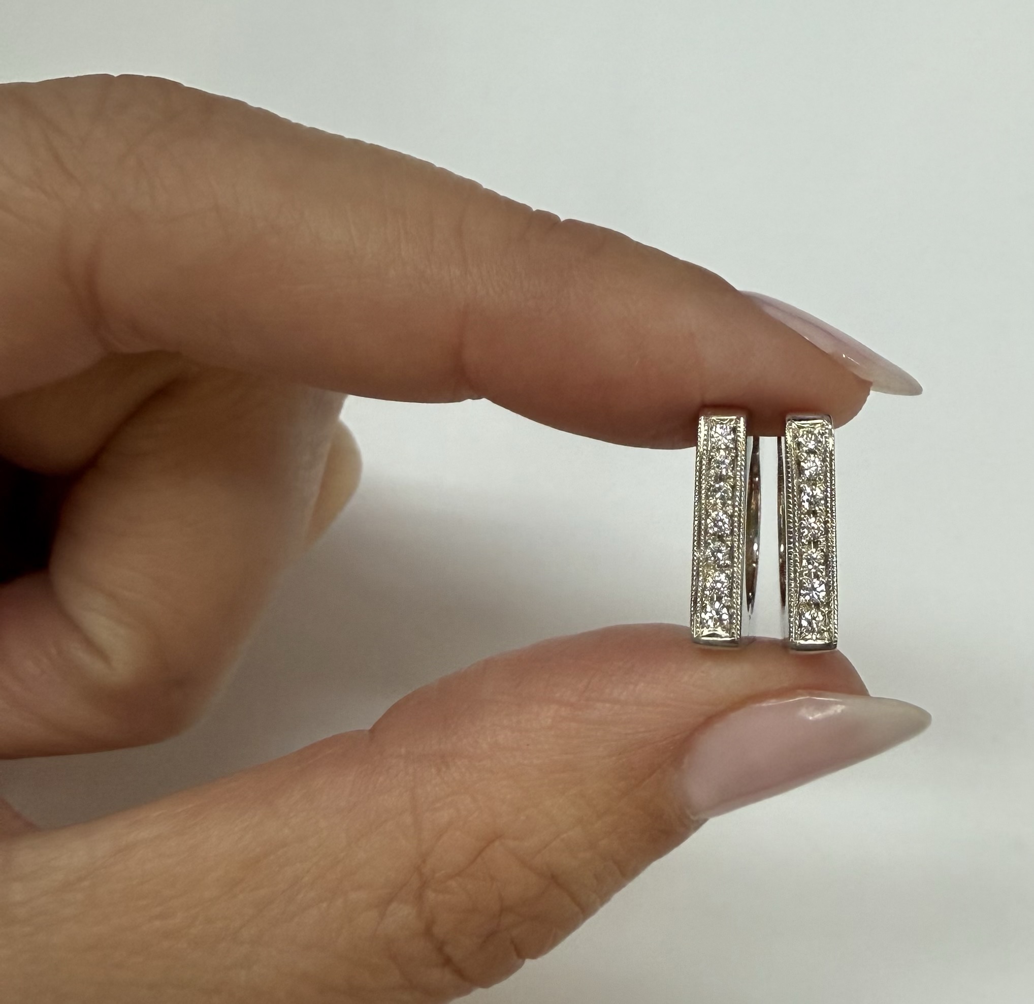 18k White Gold Genuine .20 Cttw Pave' Set Diamond Hoop Earrings - Image 13