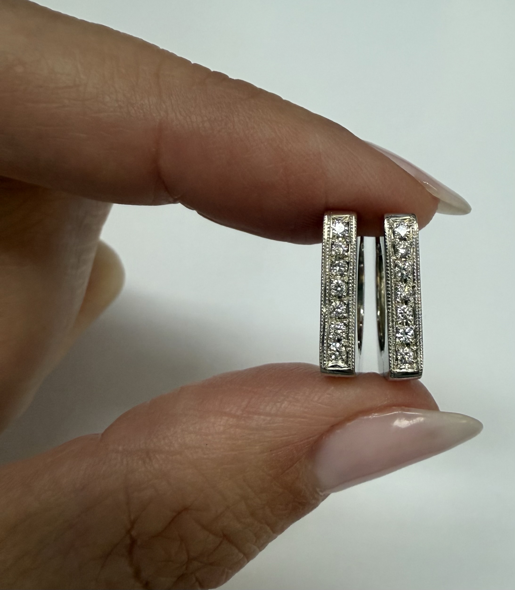 18k White Gold Genuine .20 Cttw Pave' Set Diamond Hoop Earrings - Image 14