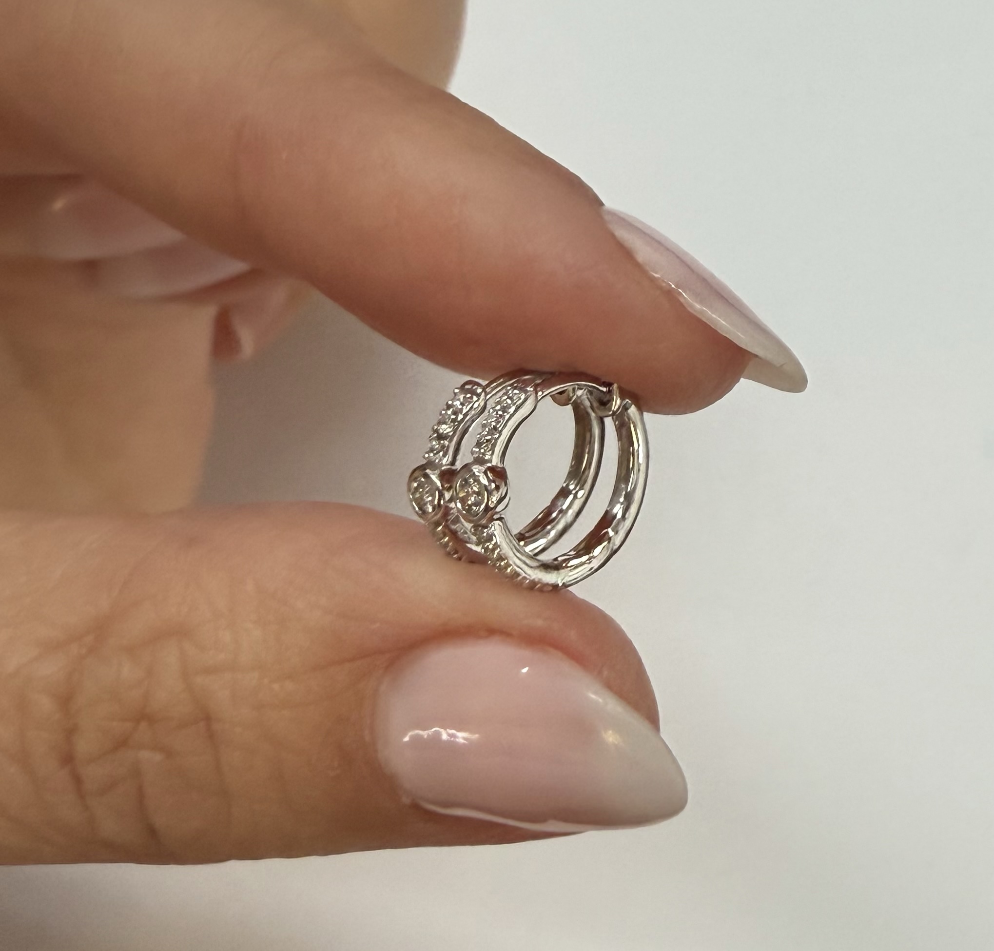 14k White Gold Bezel Set Genuine Diamond .12 Cttw Huggy Hoop Earrings - Image 6