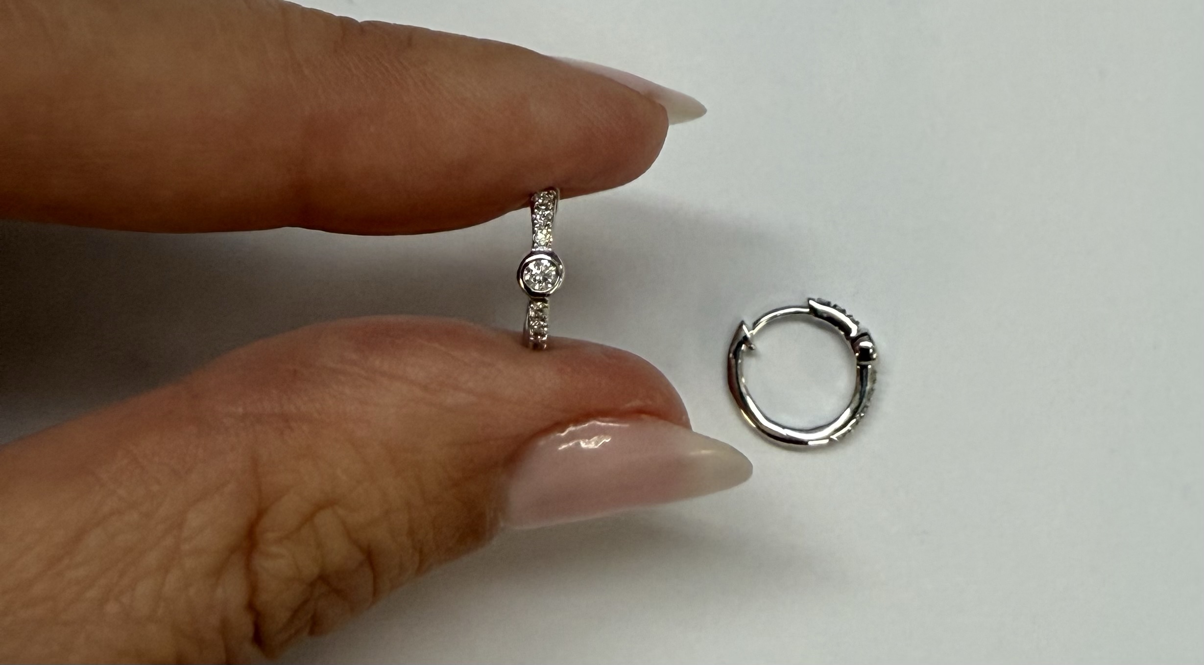 14k White Gold Bezel Set Genuine Diamond .12 Cttw Huggy Hoop Earrings - Image 18