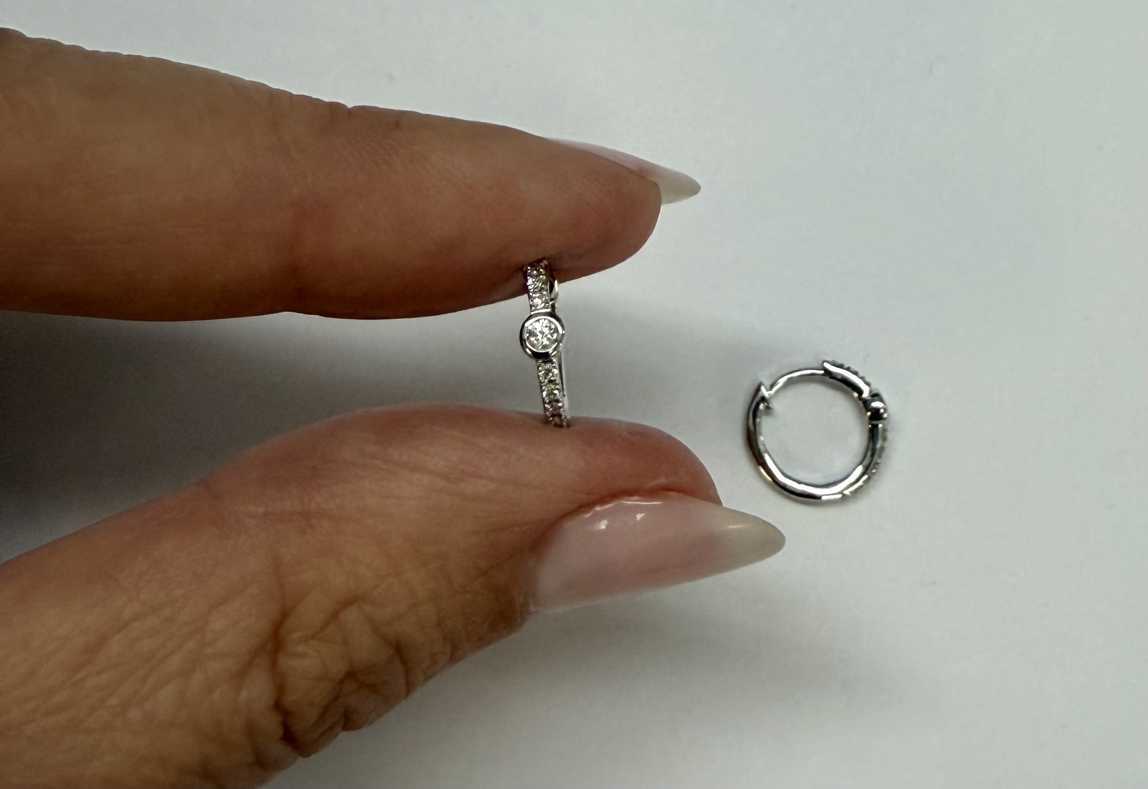 14k White Gold Bezel Set Genuine Diamond .12 Cttw Huggy Hoop Earrings - Image 20