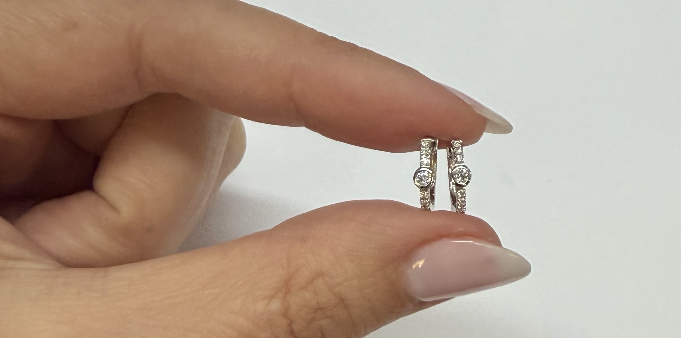 14k White Gold Bezel Set Genuine Diamond .12 Cttw Huggy Hoop Earrings - Image 12