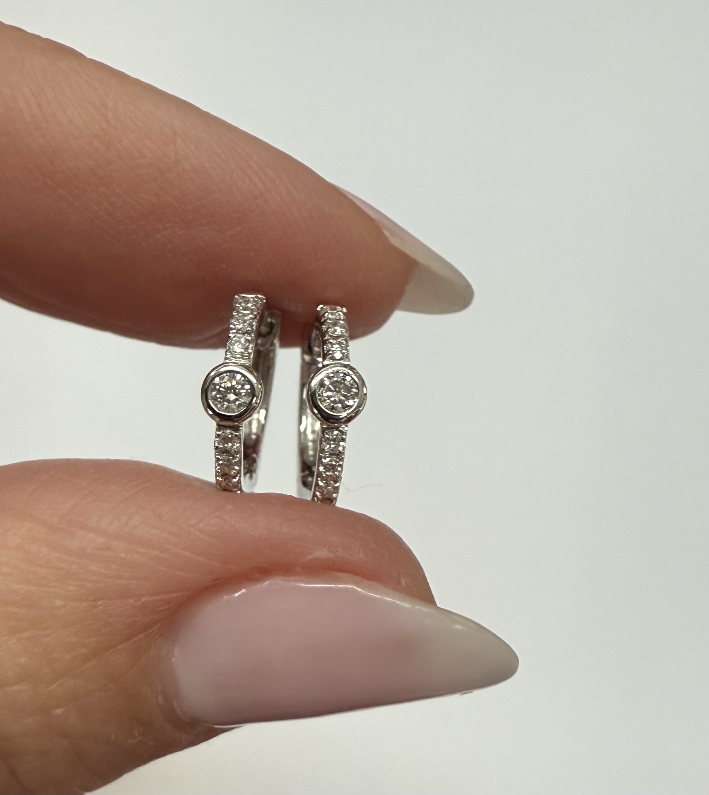14k White Gold Bezel Set Genuine Diamond .12 Cttw Huggy Hoop Earrings - Image 15