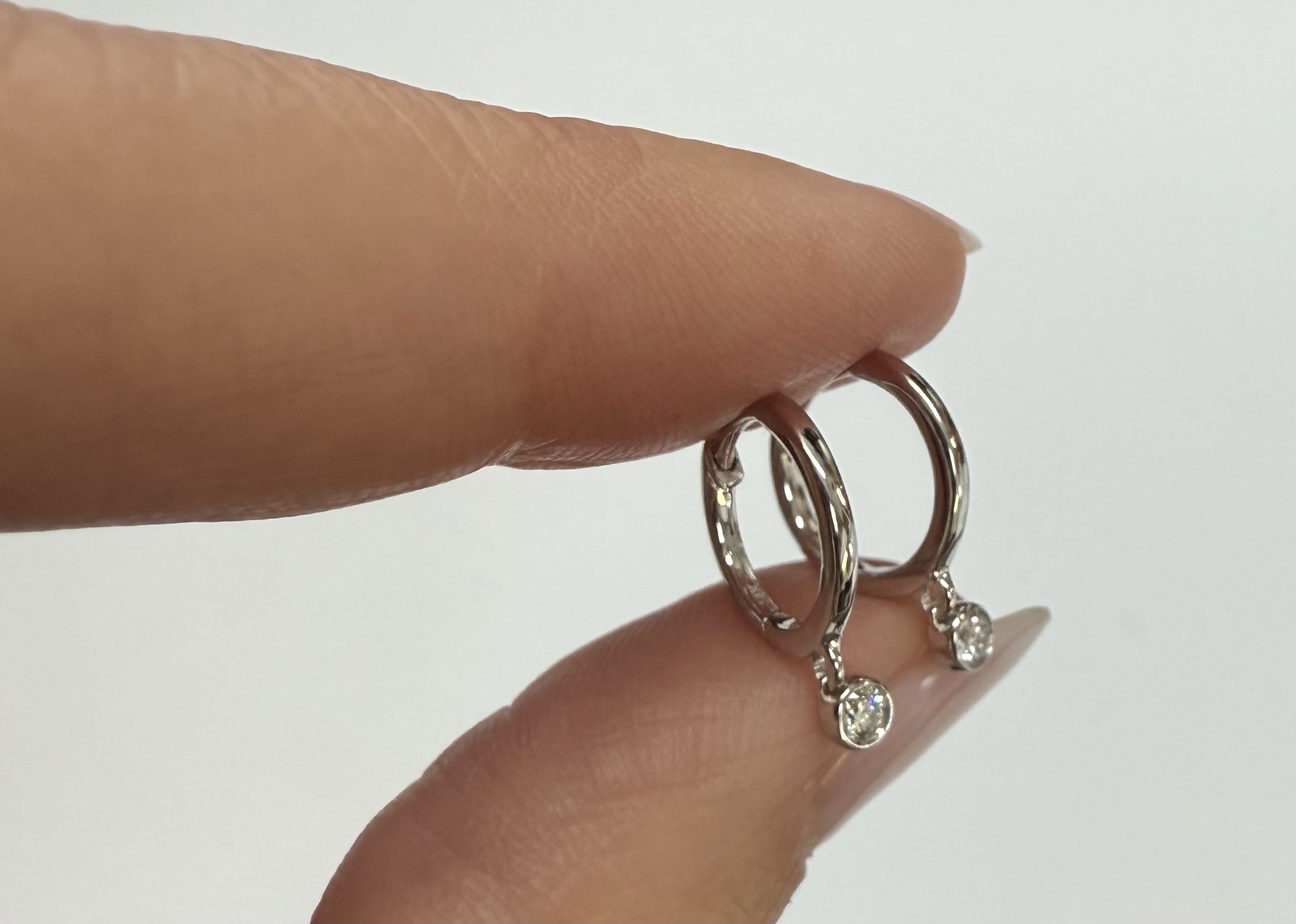 14k White Gold Genuine .08 Cttw Diamond Bezel Dangle Huggy Hoop Earrings - Image 15