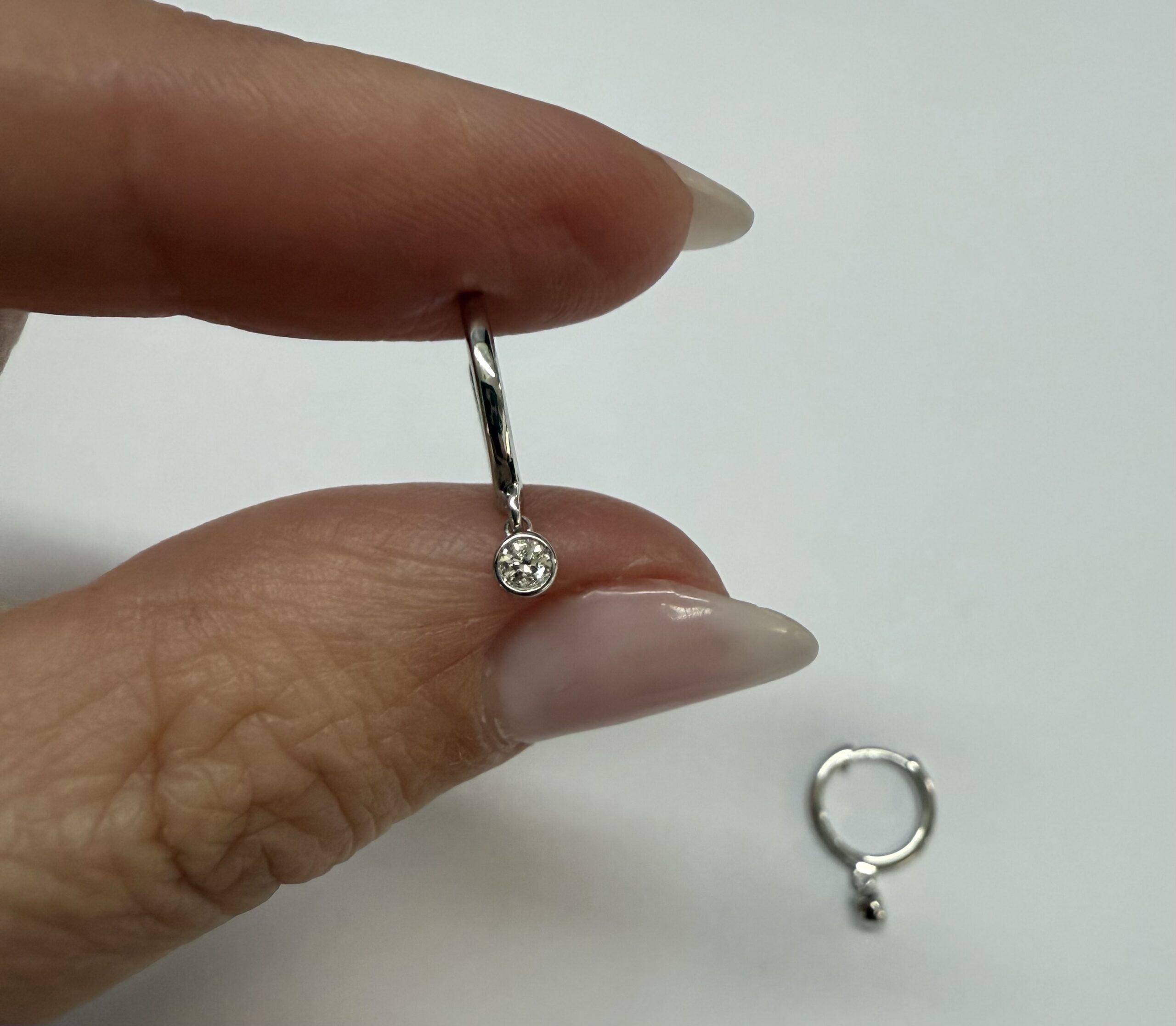 14k White Gold Genuine .08 Cttw Diamond Bezel Dangle Huggy Hoop Earrings - Image 21