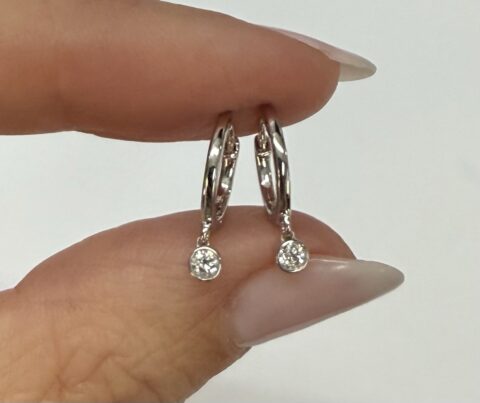 14k White Gold Genuine .08 Cttw Diamond Bezel Dangle Huggy Hoop Earrings