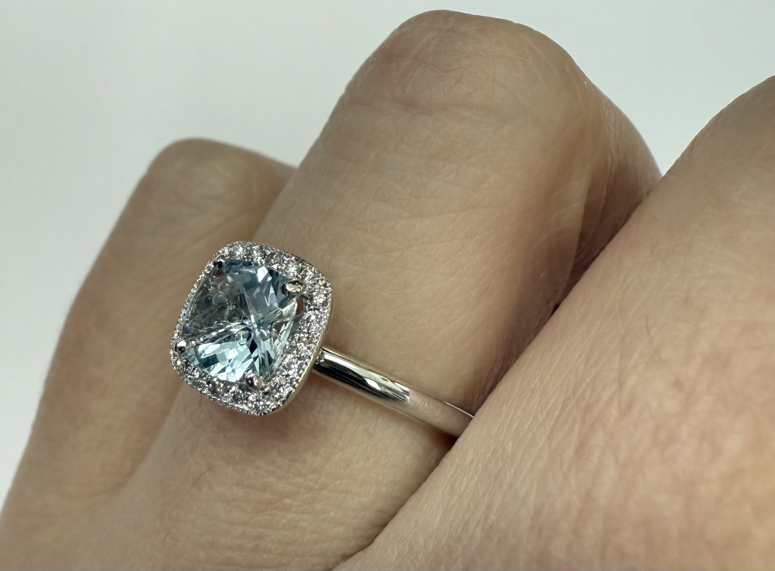 14k White Gold Genuine .70 Cttw Cushion Shaped Aquamarine & Diamond Halo - Image 15