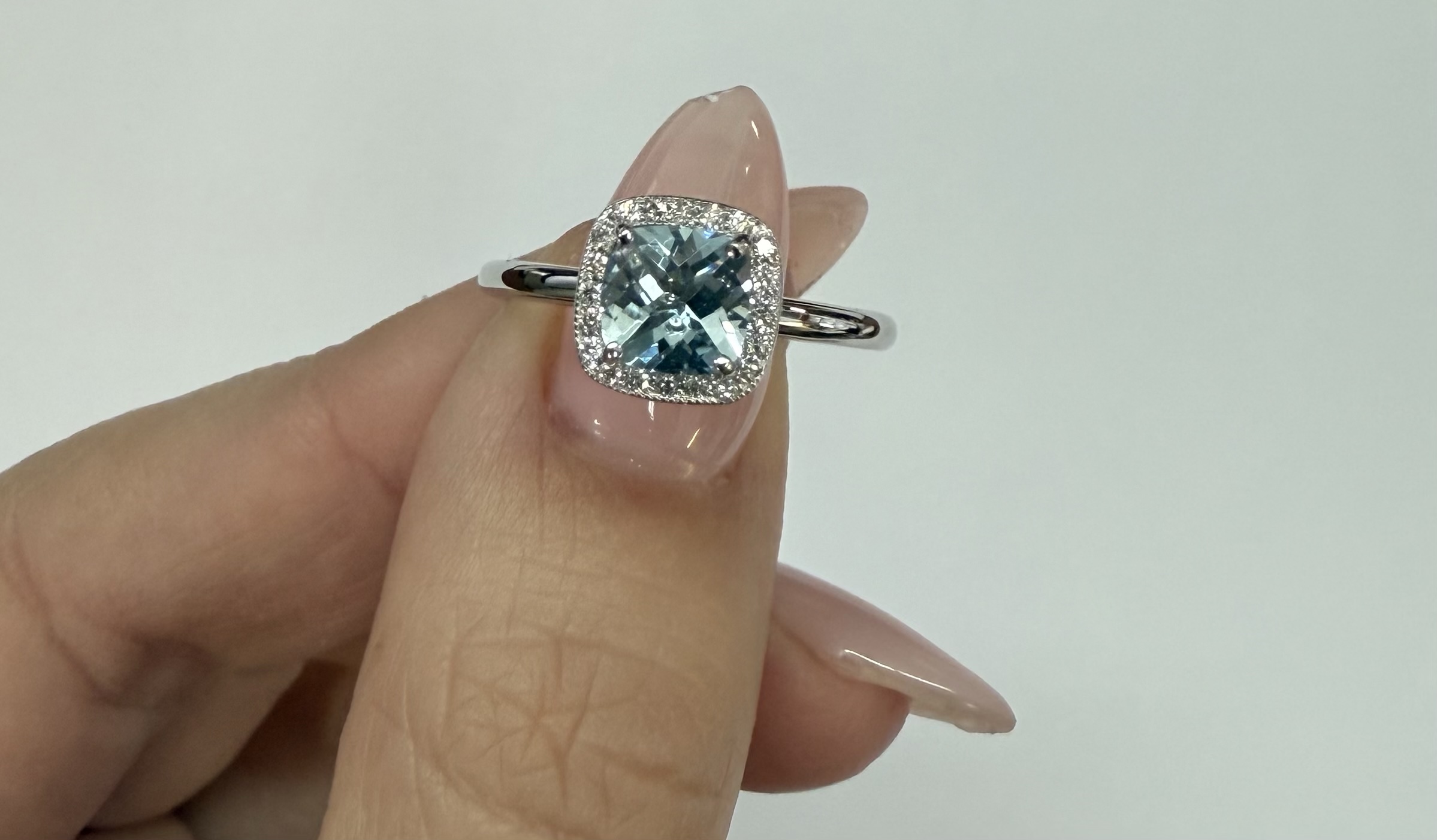 14k White Gold Genuine .70 Cttw Cushion Shaped Aquamarine & Diamond Halo - Image 11