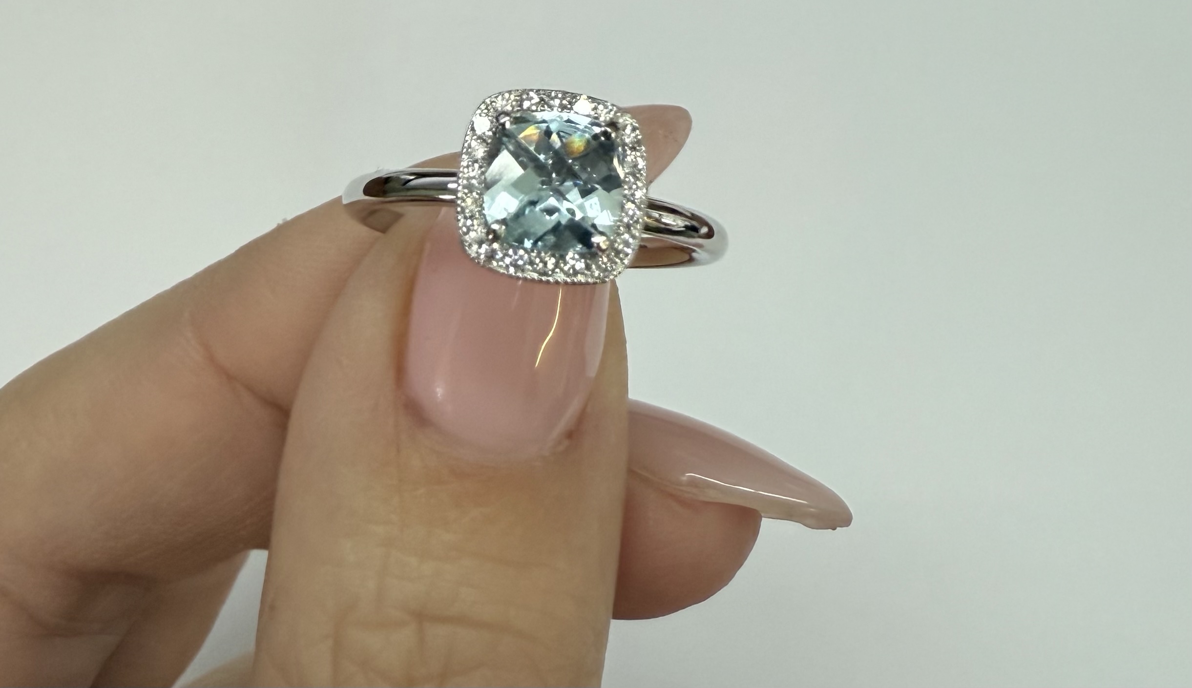 14k White Gold Genuine .70 Cttw Cushion Shaped Aquamarine & Diamond Halo - Image 8