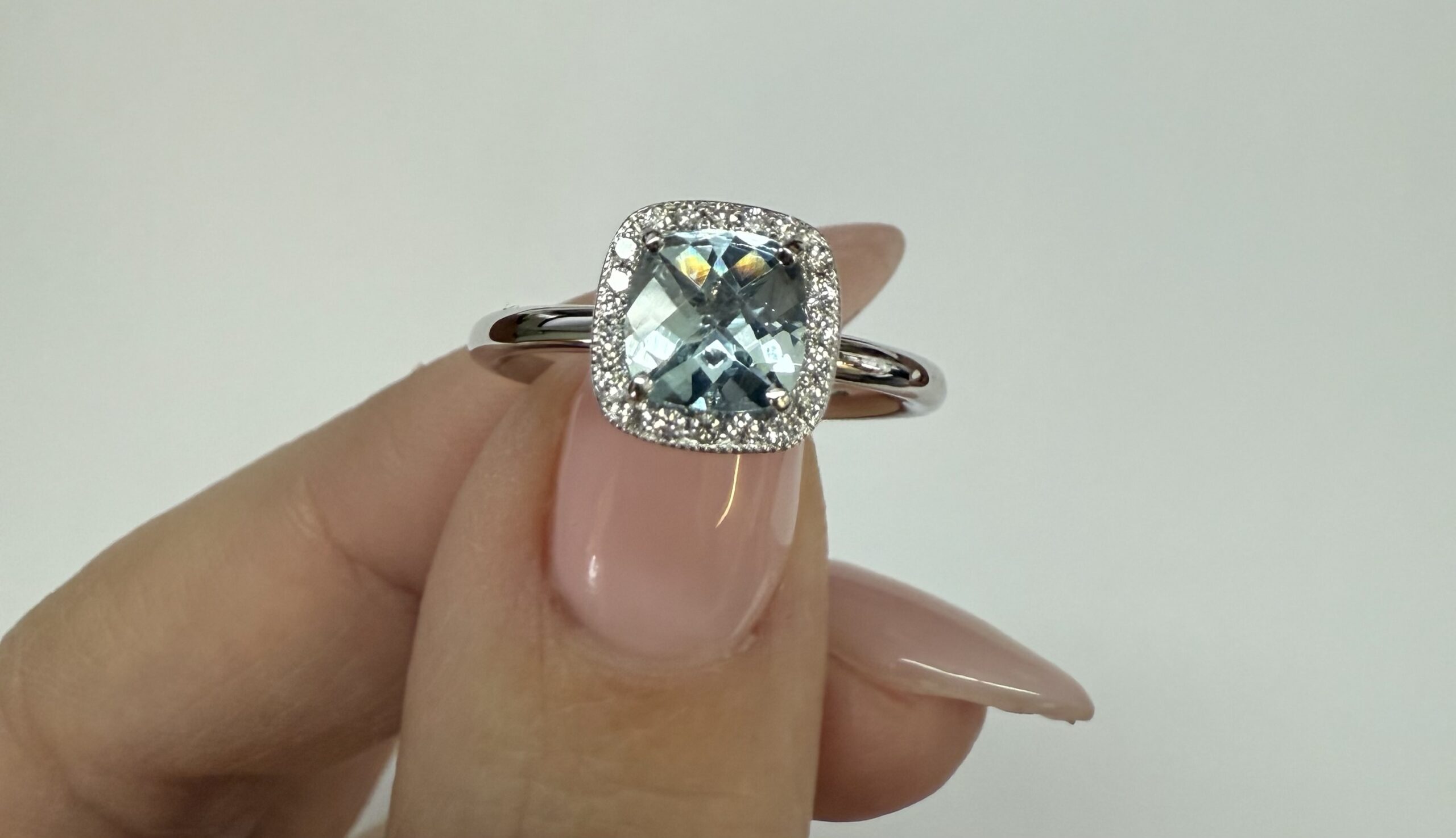 14k White Gold Genuine .70 Cttw Cushion Shaped Aquamarine & Diamond Halo - Image 7