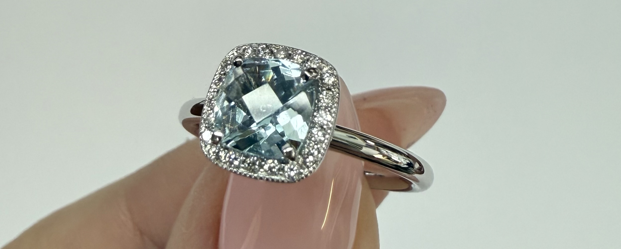 14k White Gold Genuine .70 Cttw Cushion Shaped Aquamarine & Diamond Halo - Image 6