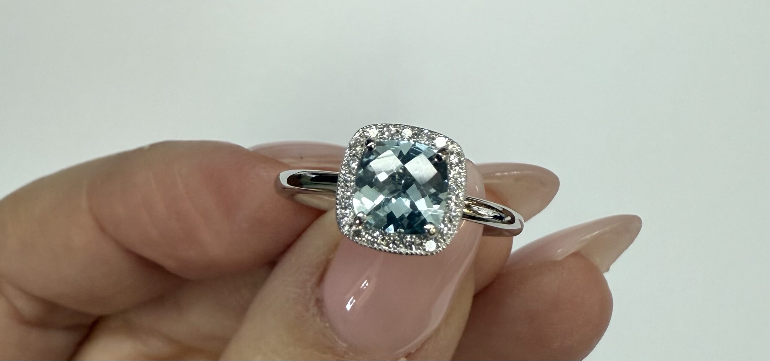 14k White Gold Genuine .70 Cttw Cushion Shaped Aquamarine & Diamond Halo