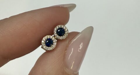 14k Yellow Gold Genuine .15 Cttw Sapphire & Diamond Halo Stud Earrings