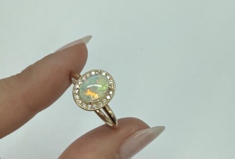 14k Yellow Gold Genuine .94 Cttw Opal & Diamond Halo Ring