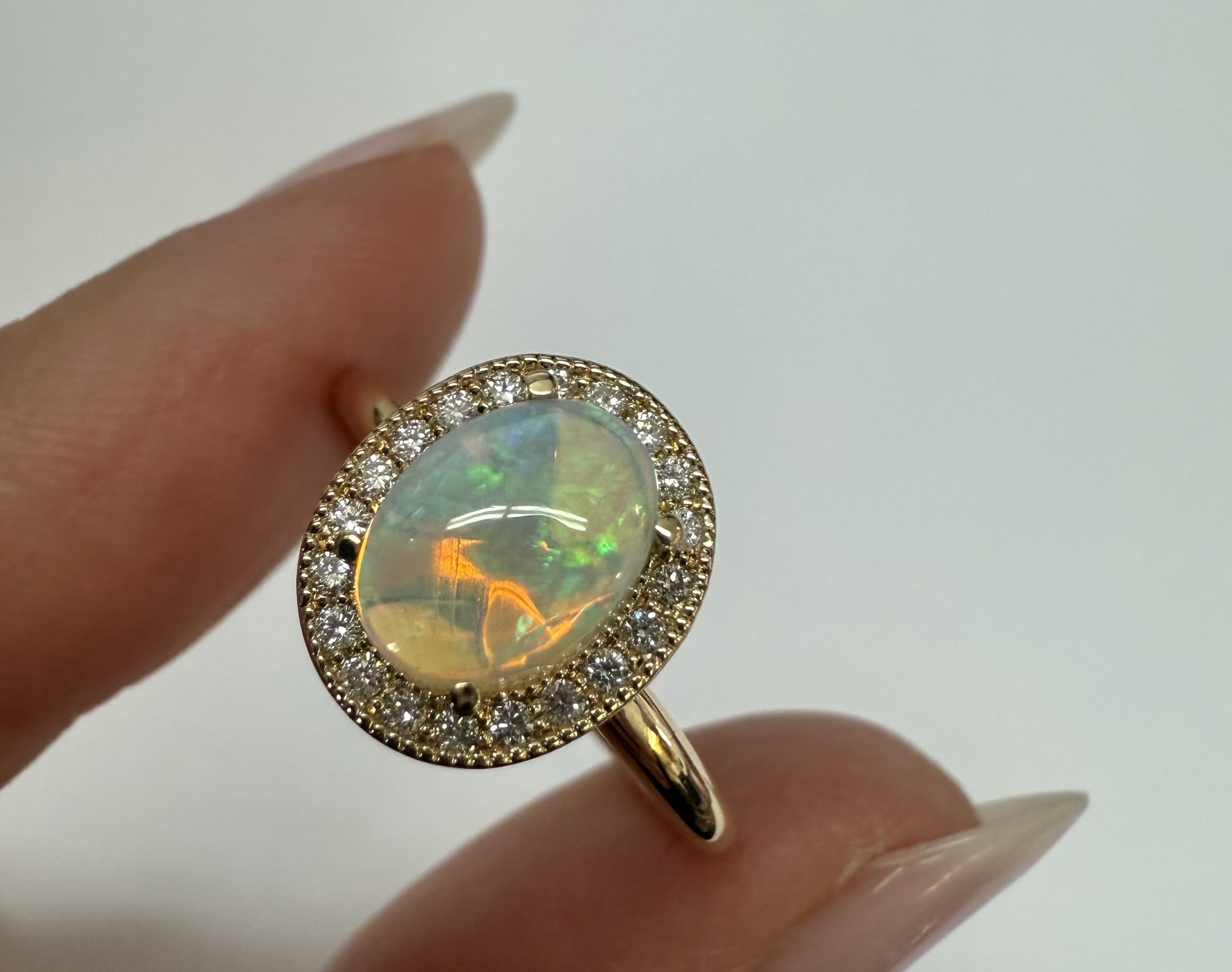 14k Yellow Gold Genuine .94 Cttw Opal & Diamond Halo Ring - Image 3