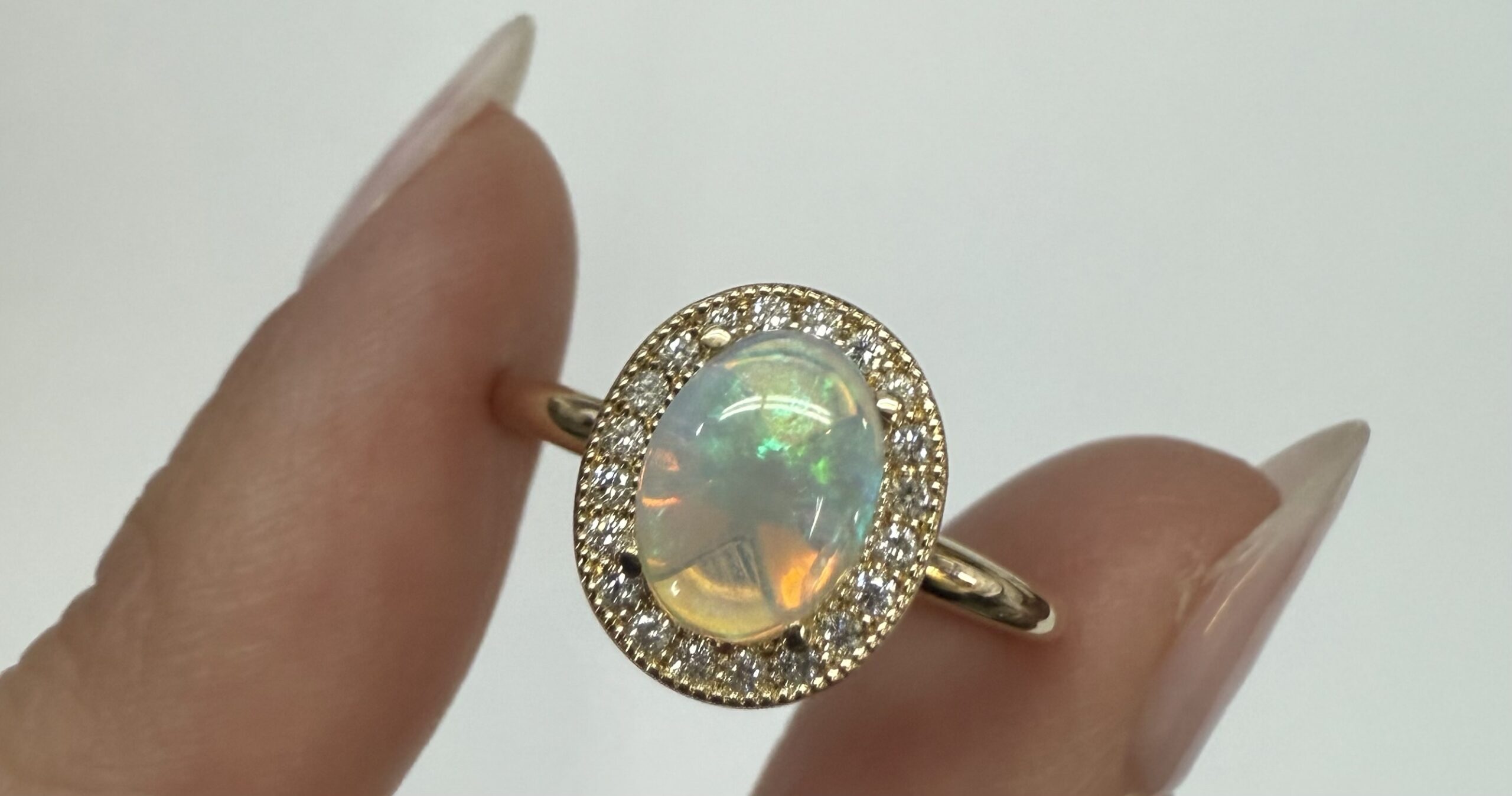 14k Yellow Gold Genuine .94 Cttw Opal & Diamond Halo Ring - Image 7