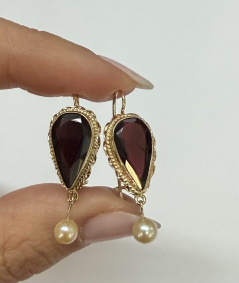 Antique 14k Yellow Gold Genuine Garnet & Cultured Pearl Dangle Earrings