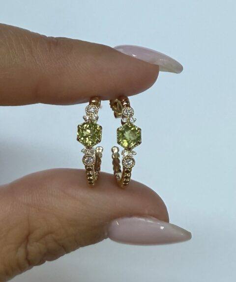 14k Yellow Gold Genuine .61 Cttw Peridot & Diamond Beaded Hoop Stud Earrings