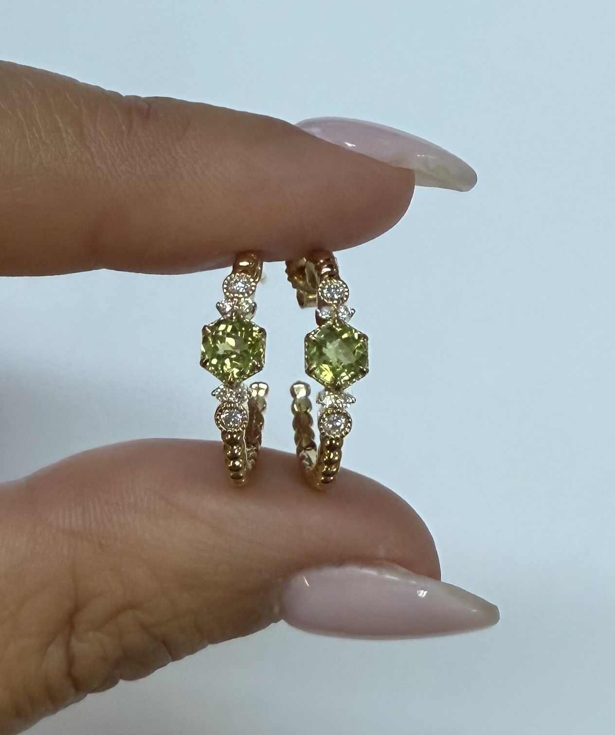14k Yellow Gold Genuine .61 Cttw Peridot & Diamond Beaded Hoop Stud Earrings
