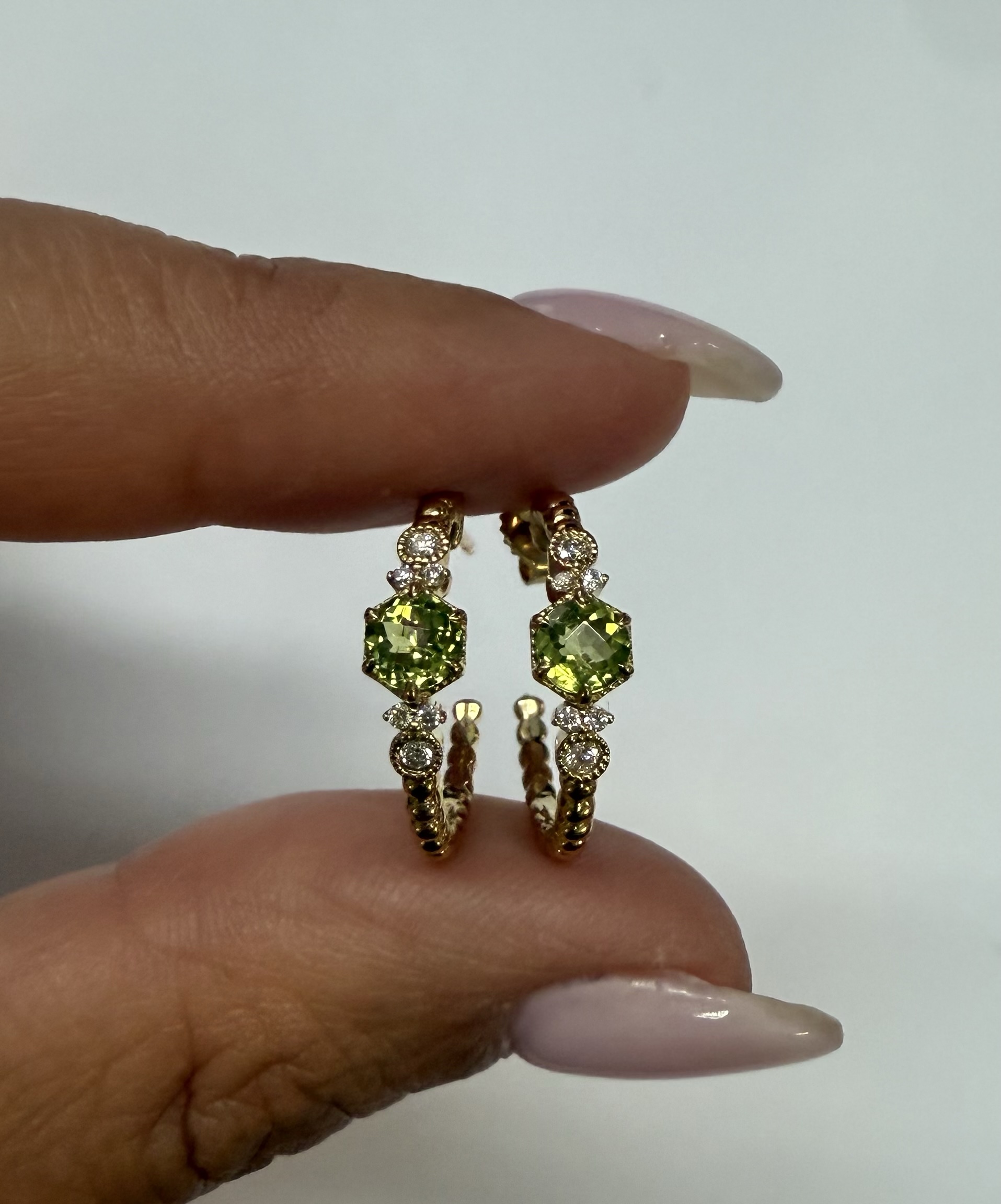 14k Yellow Gold Genuine .61 Cttw Peridot & Diamond Beaded Hoop Stud Earrings - Image 2