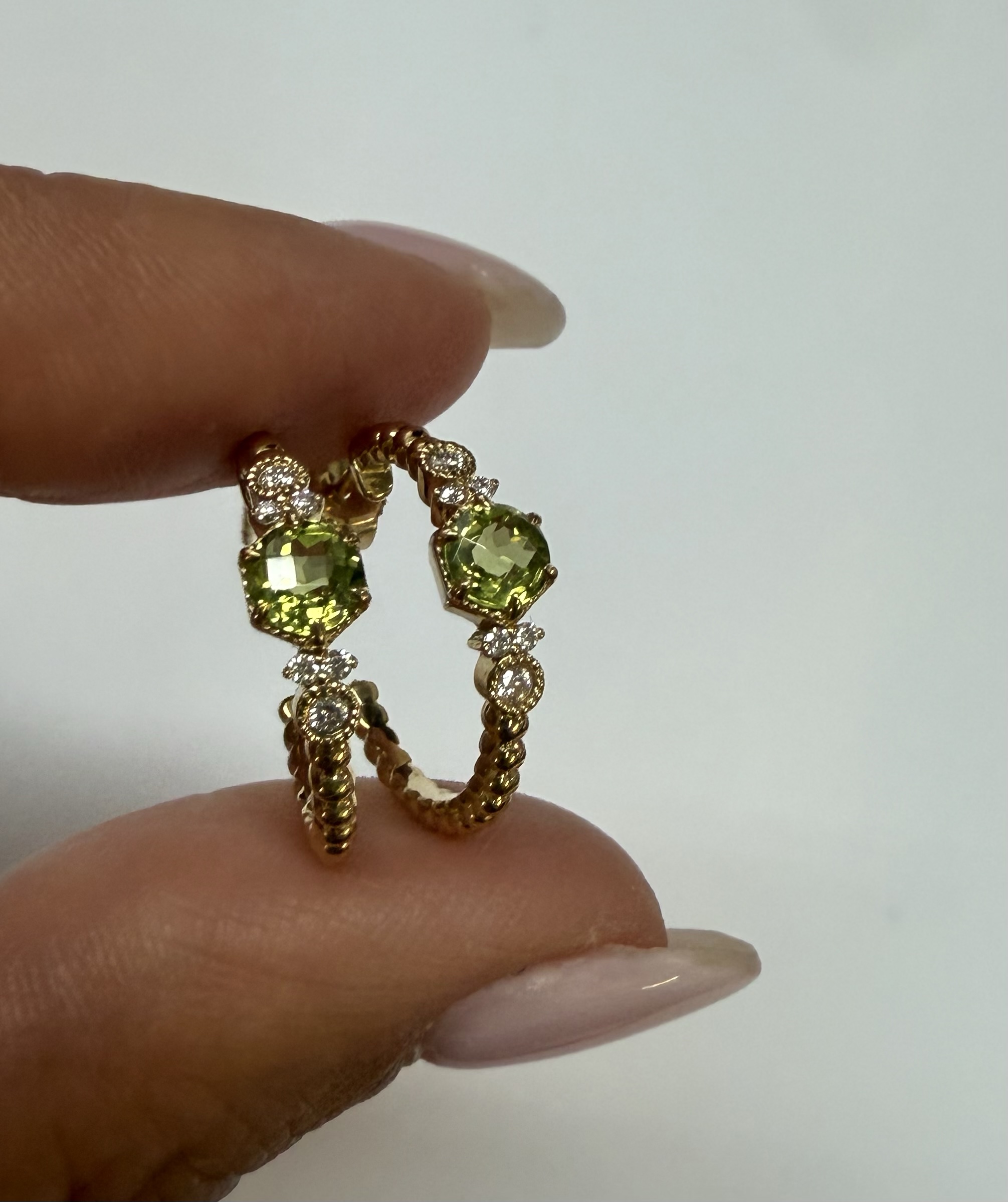 14k Yellow Gold Genuine .61 Cttw Peridot & Diamond Beaded Hoop Stud Earrings - Image 7