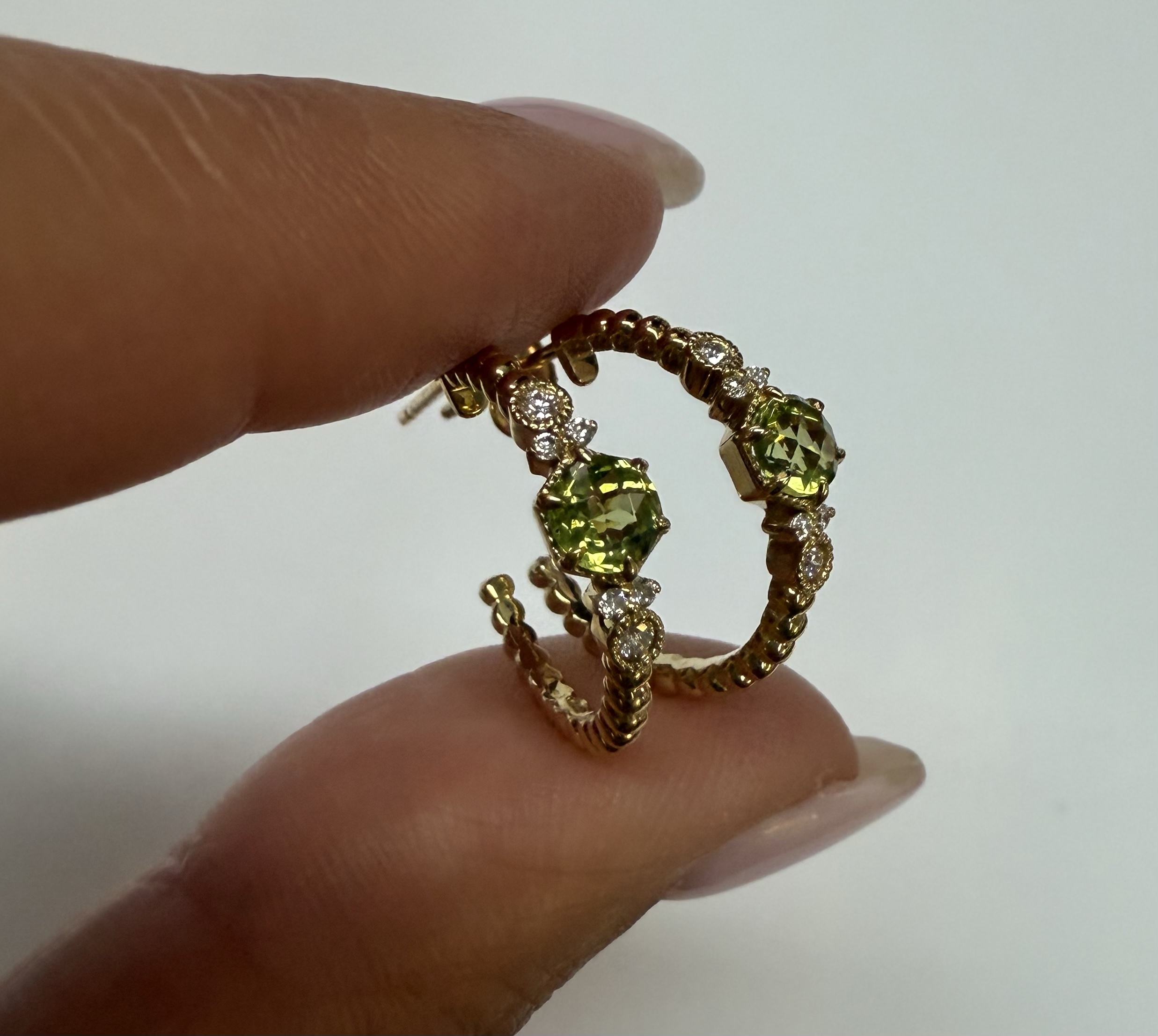 14k Yellow Gold Genuine .61 Cttw Peridot & Diamond Beaded Hoop Stud Earrings - Image 8
