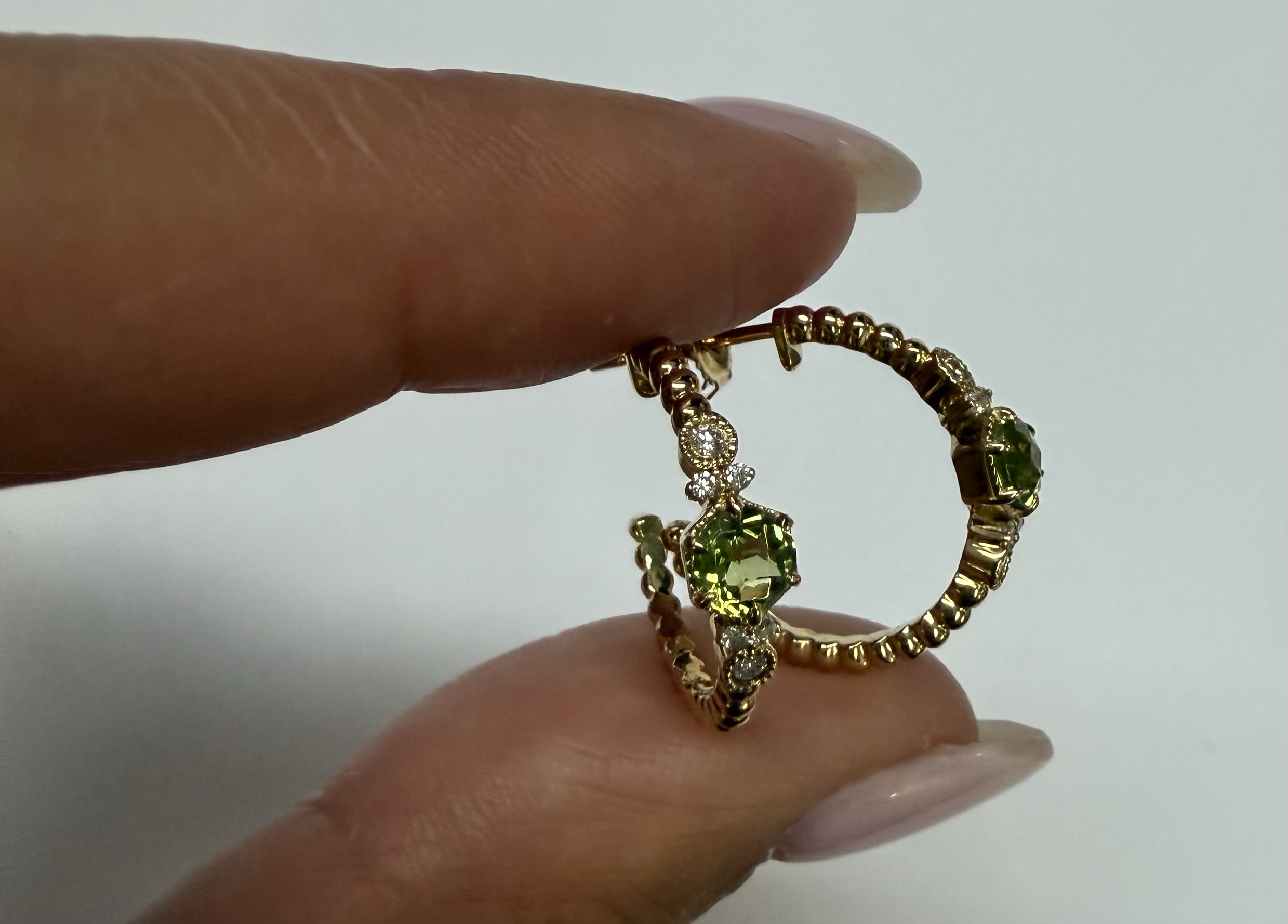 14k Yellow Gold Genuine .61 Cttw Peridot & Diamond Beaded Hoop Stud Earrings - Image 9