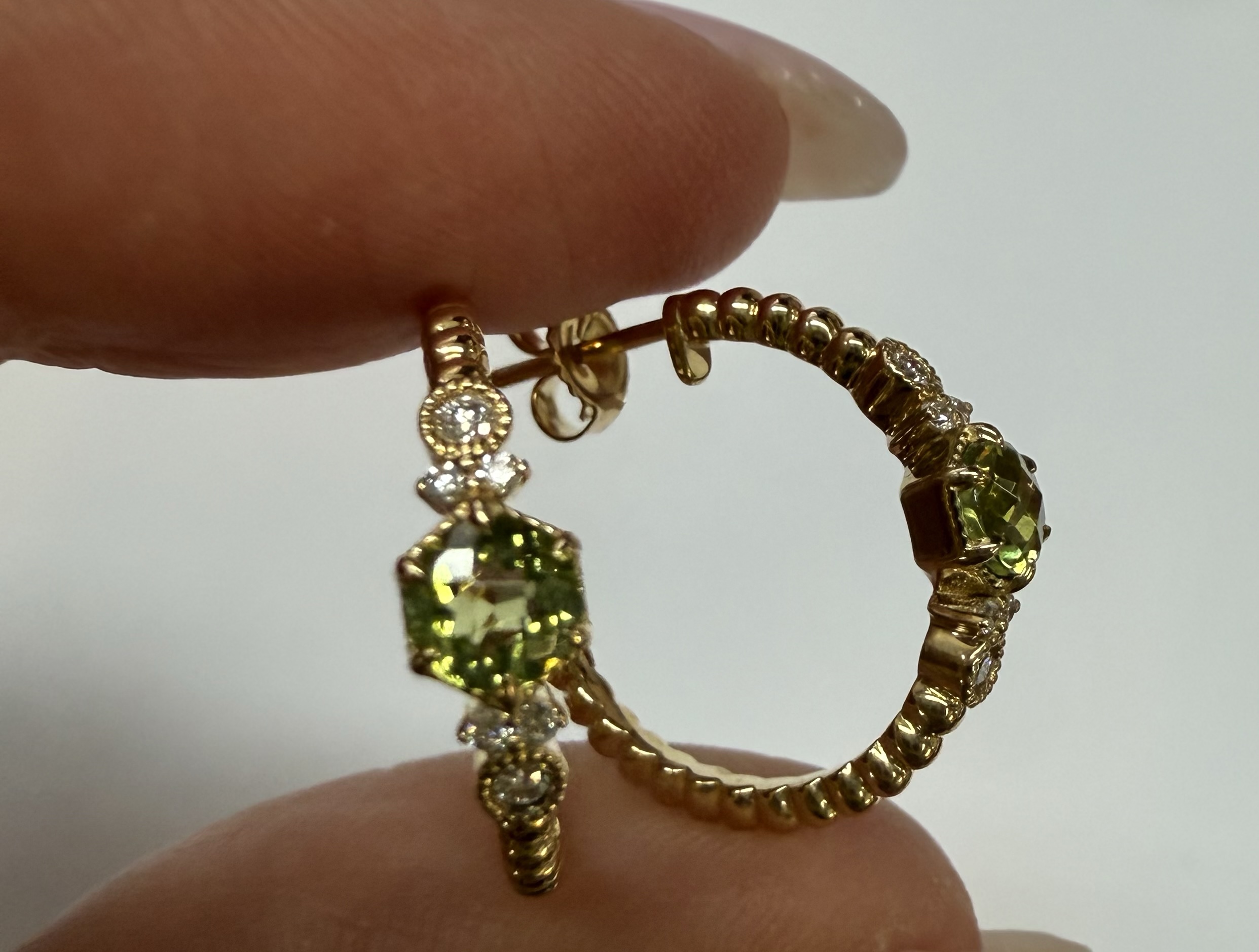 14k Yellow Gold Genuine .61 Cttw Peridot & Diamond Beaded Hoop Stud Earrings - Image 10
