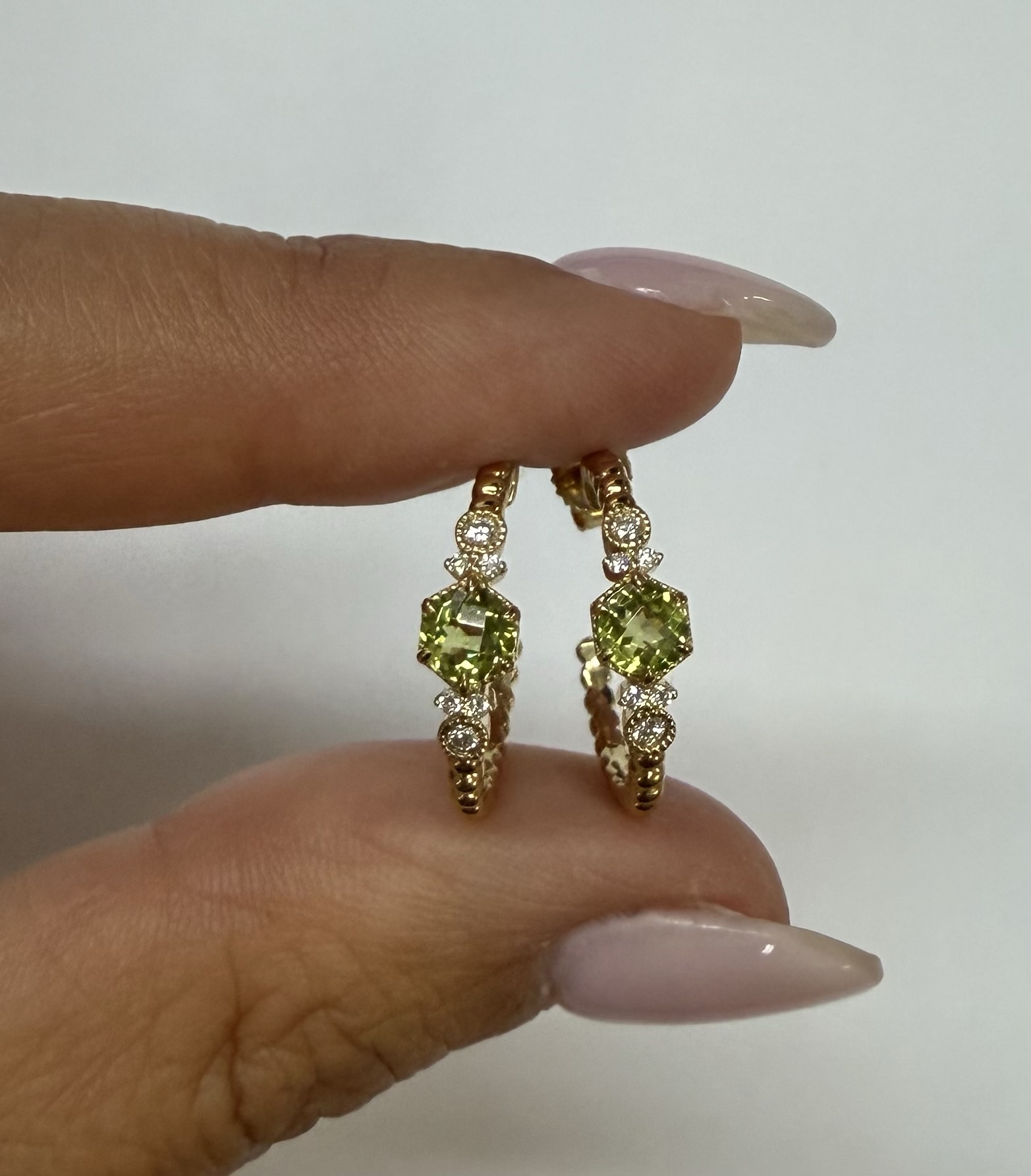 14k Yellow Gold Genuine .61 Cttw Peridot & Diamond Beaded Hoop Stud Earrings - Image 3