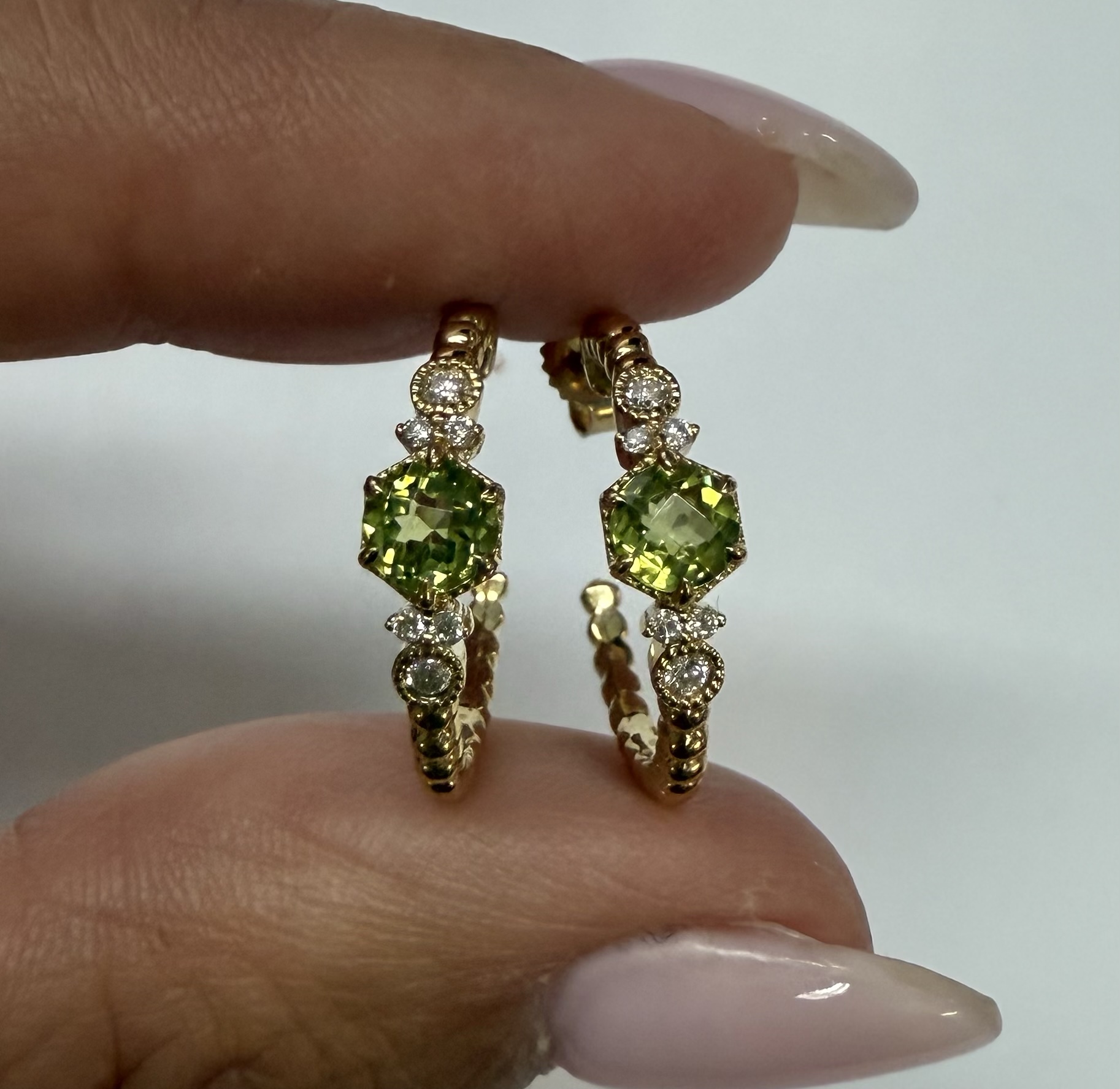 14k Yellow Gold Genuine .61 Cttw Peridot & Diamond Beaded Hoop Stud Earrings - Image 4