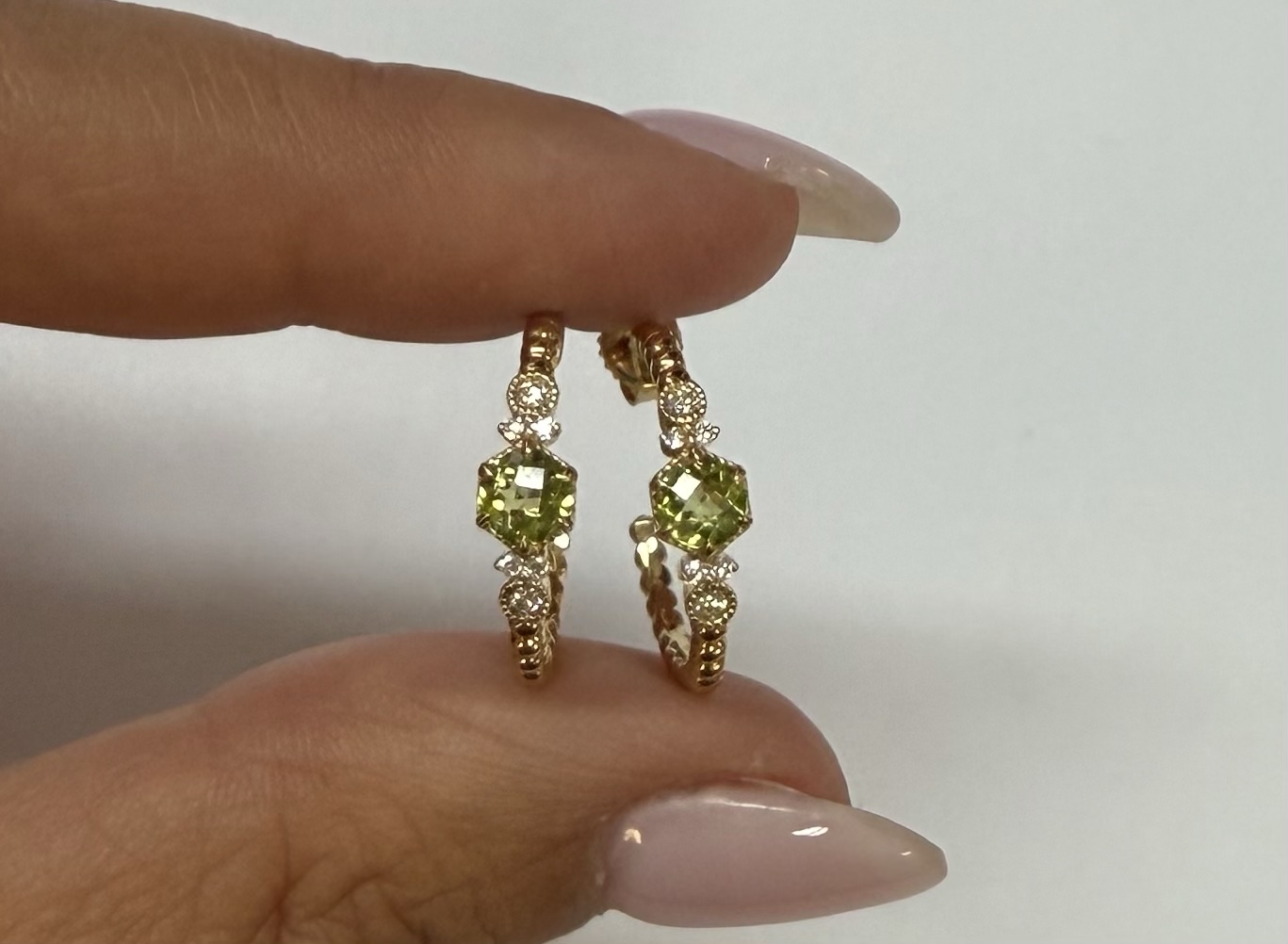 14k Yellow Gold Genuine .61 Cttw Peridot & Diamond Beaded Hoop Stud Earrings - Image 6