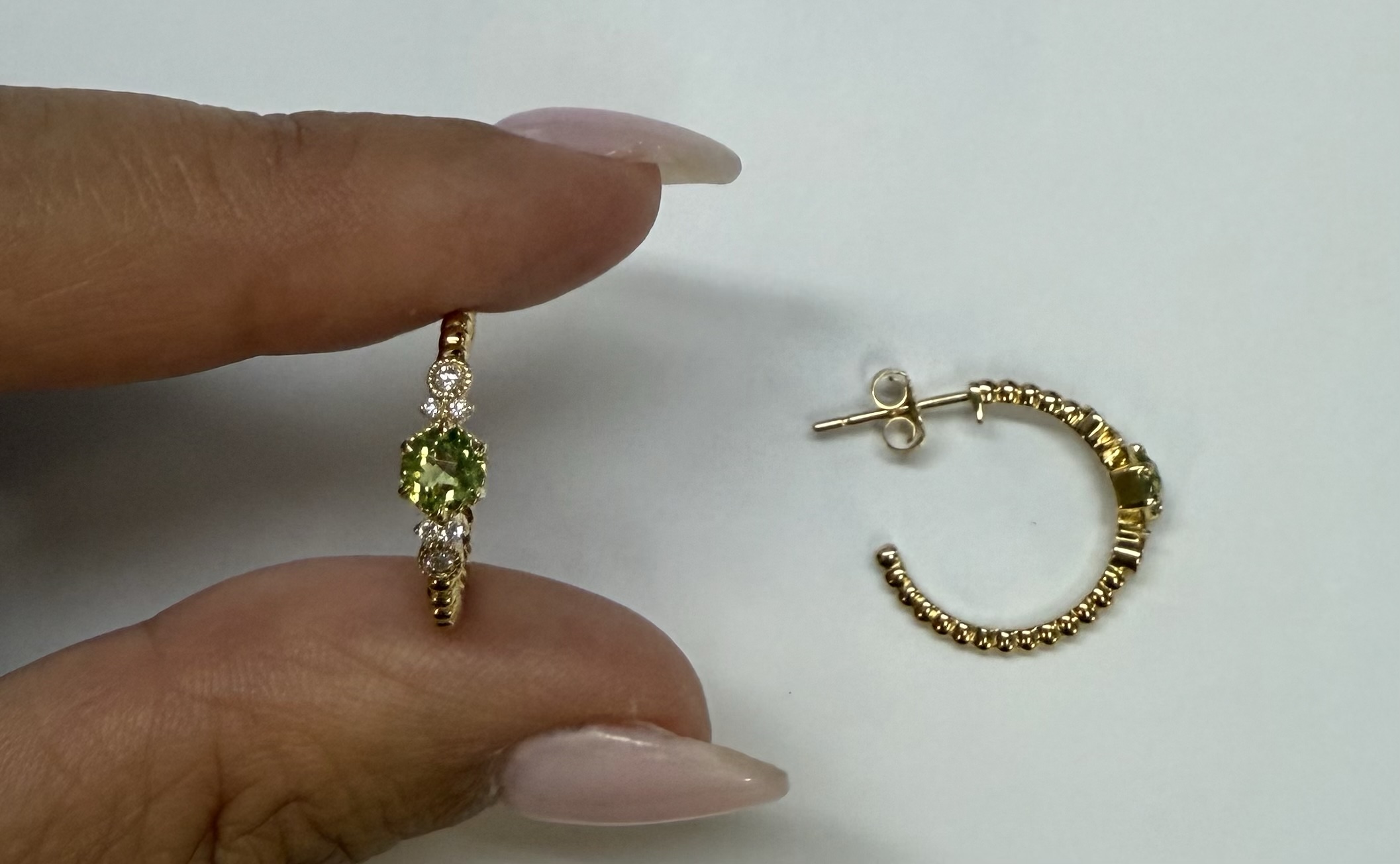 14k Yellow Gold Genuine .61 Cttw Peridot & Diamond Beaded Hoop Stud Earrings - Image 11