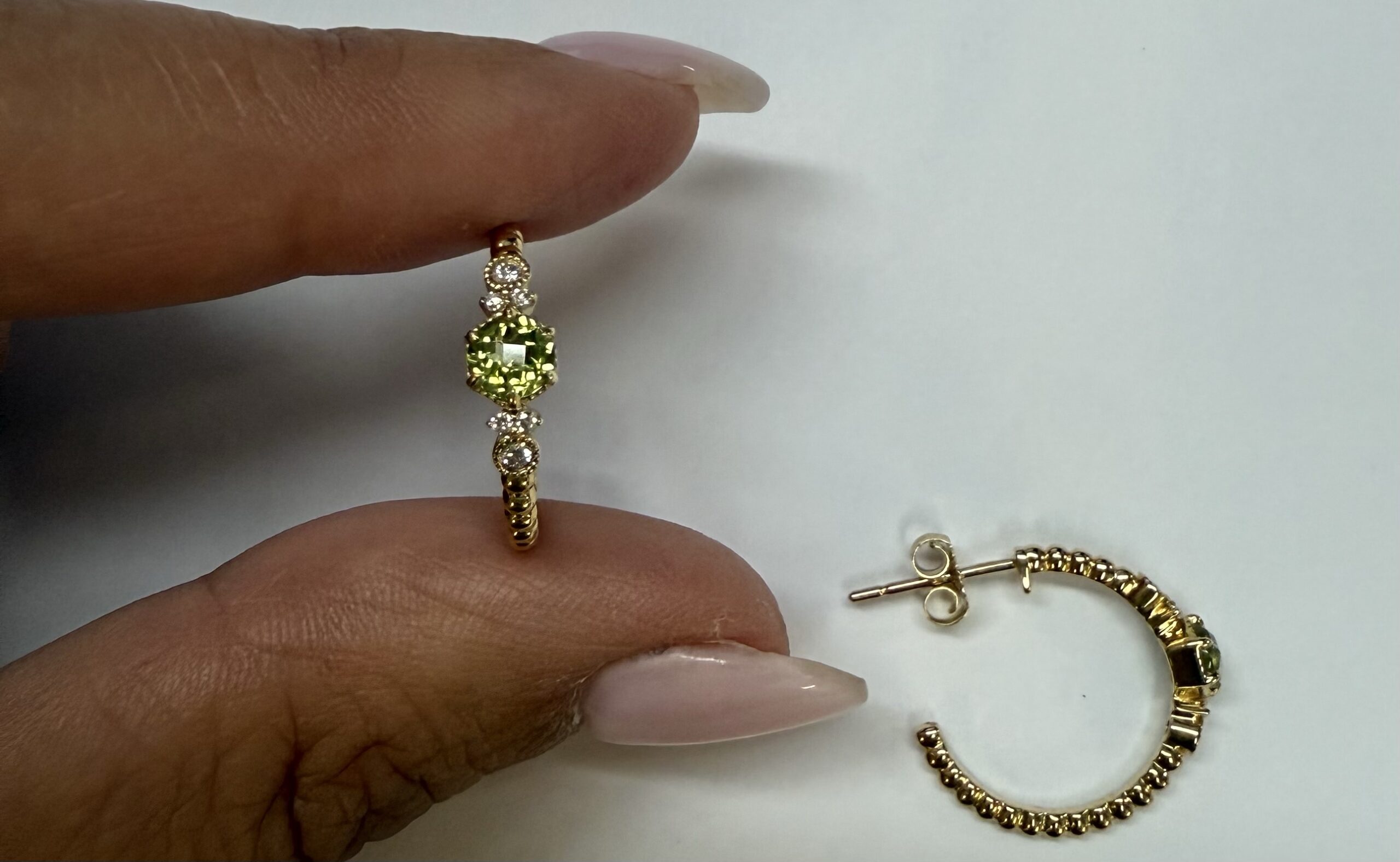 14k Yellow Gold Genuine .61 Cttw Peridot & Diamond Beaded Hoop Stud Earrings - Image 13