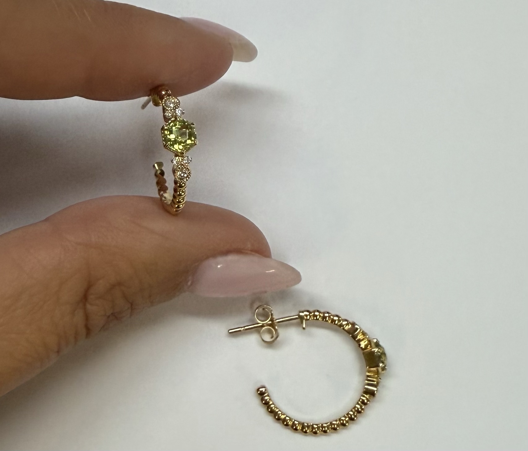 14k Yellow Gold Genuine .61 Cttw Peridot & Diamond Beaded Hoop Stud Earrings - Image 14