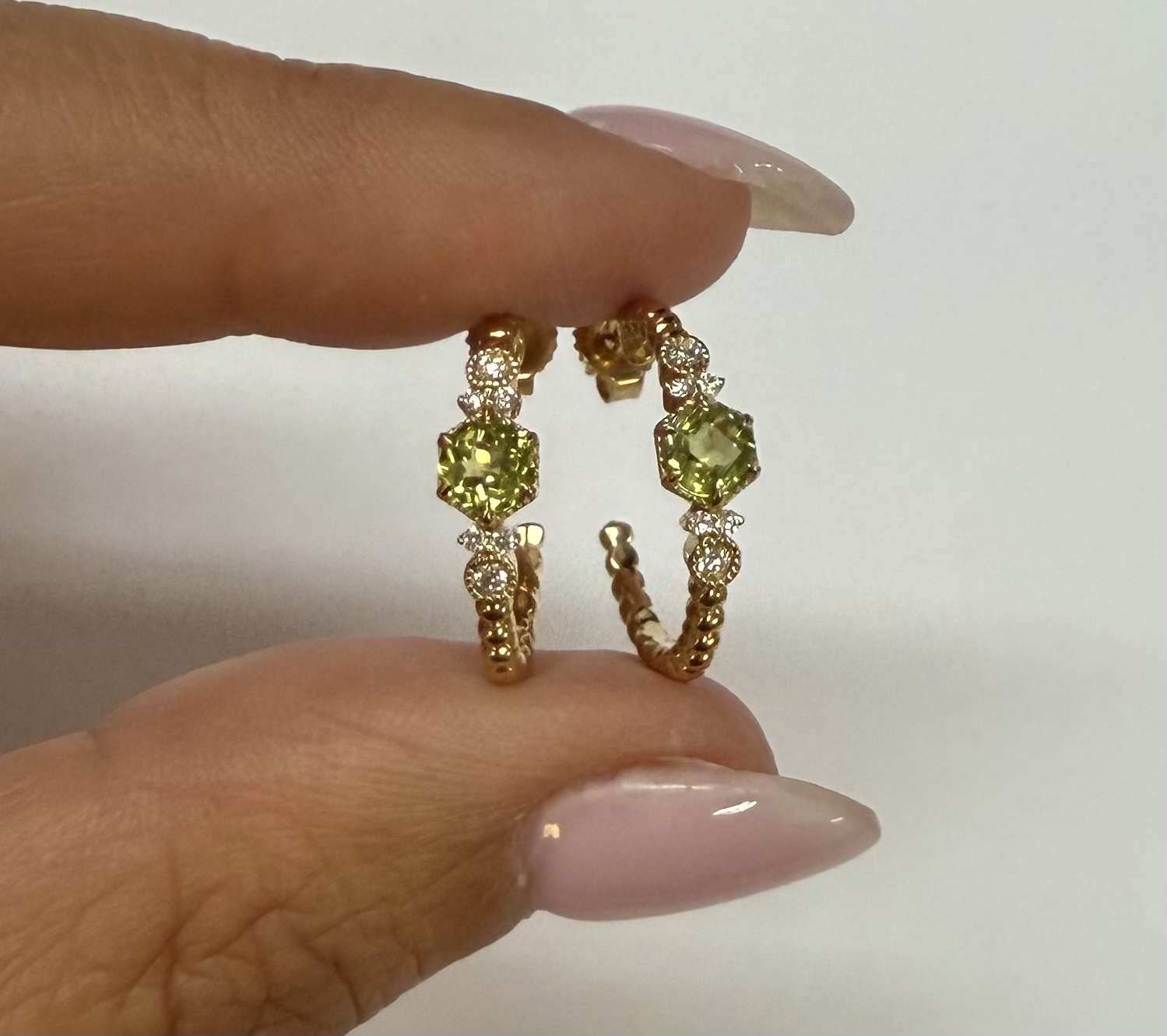 14k Yellow Gold Genuine .61 Cttw Peridot & Diamond Beaded Hoop Stud Earrings - Image 16