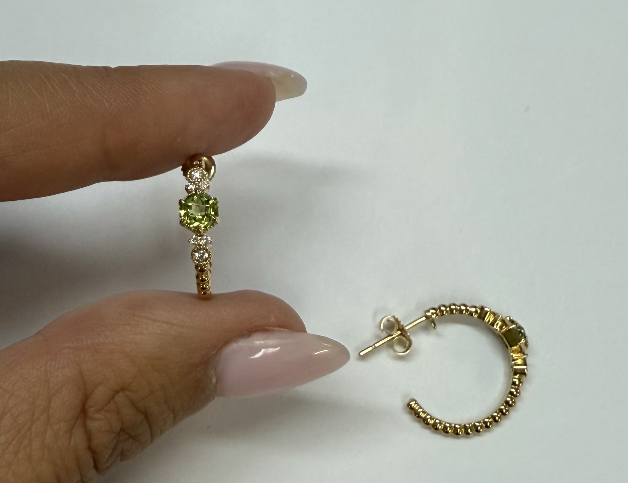 14k Yellow Gold Genuine .61 Cttw Peridot & Diamond Beaded Hoop Stud Earrings - Image 17
