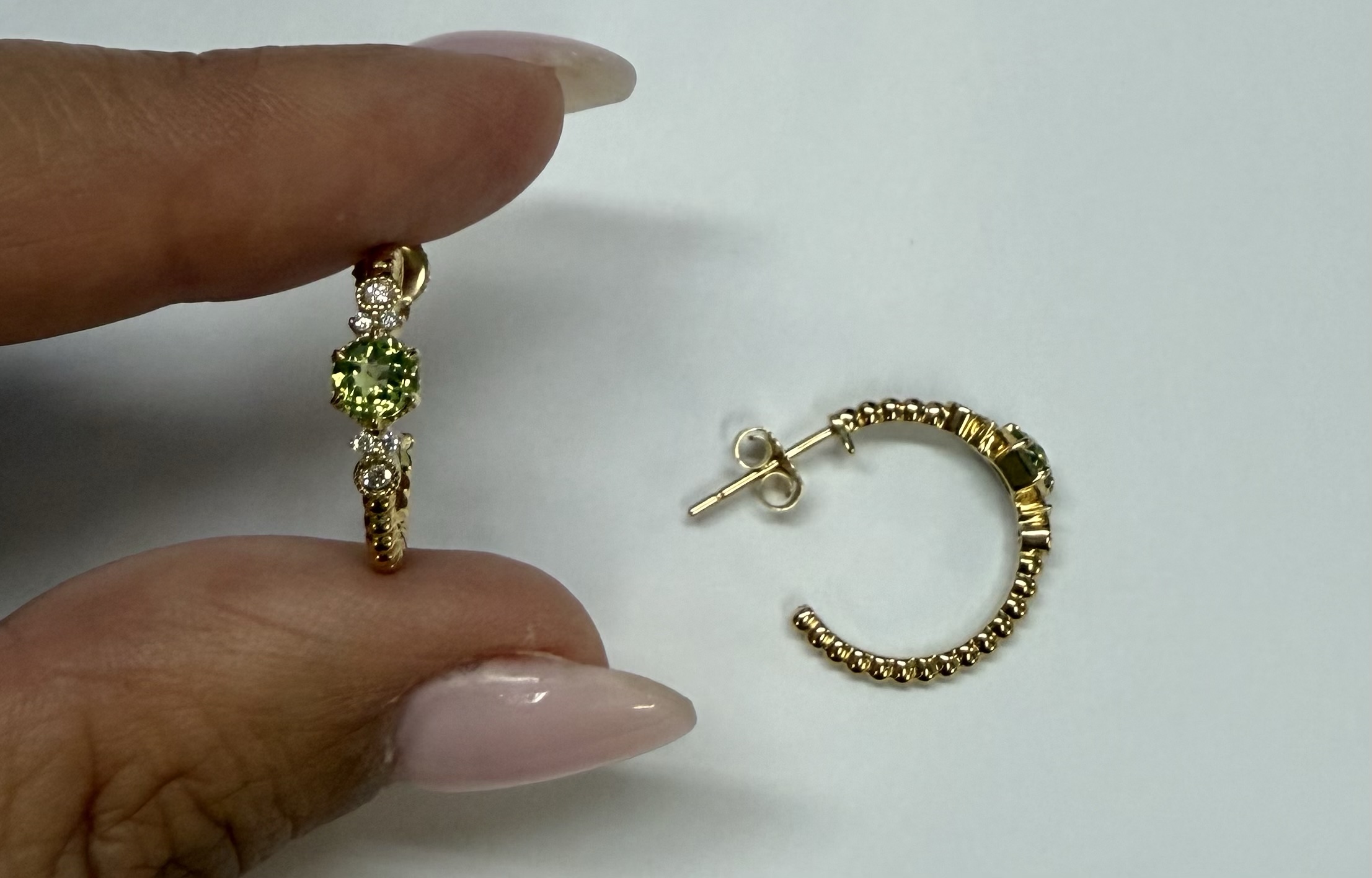 14k Yellow Gold Genuine .61 Cttw Peridot & Diamond Beaded Hoop Stud Earrings - Image 20