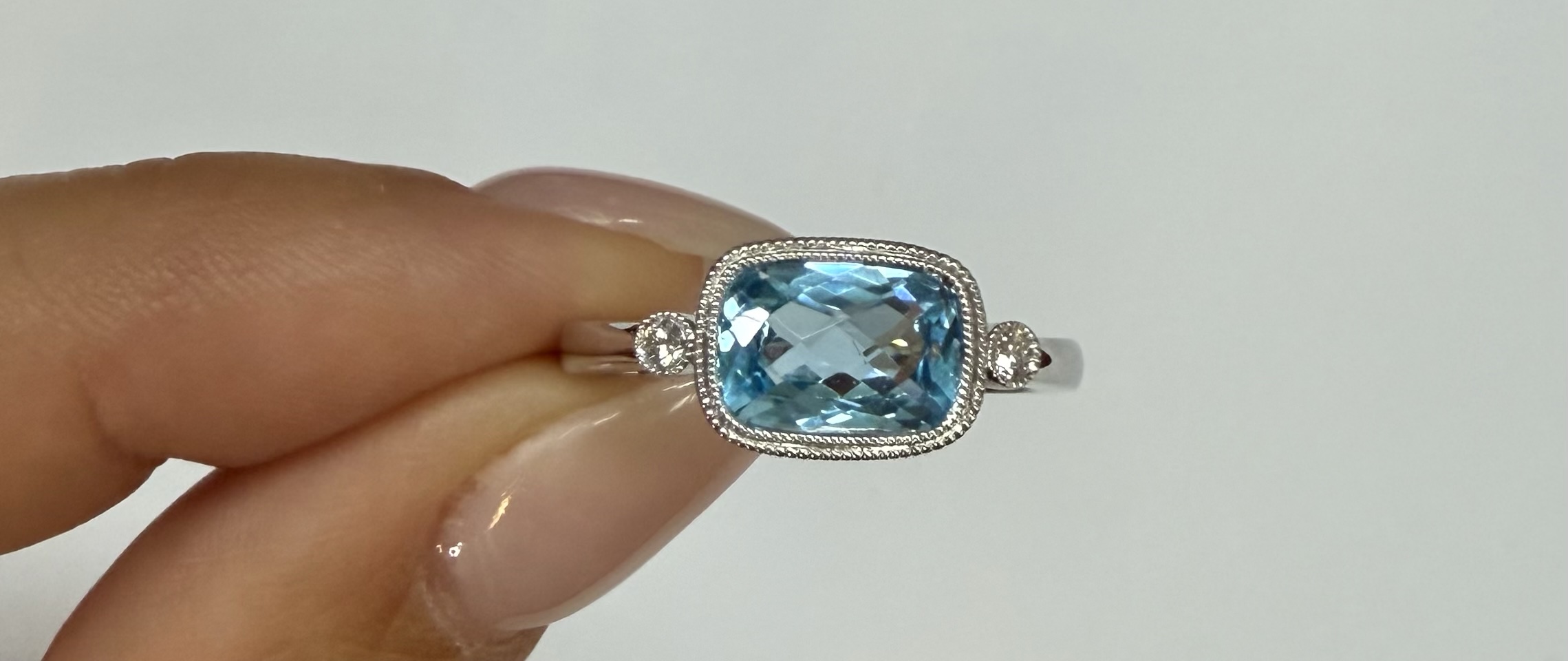 14k White Gold Genuine 1.76 Cttw Blue Topaz & Diamond Bezel Set Ring