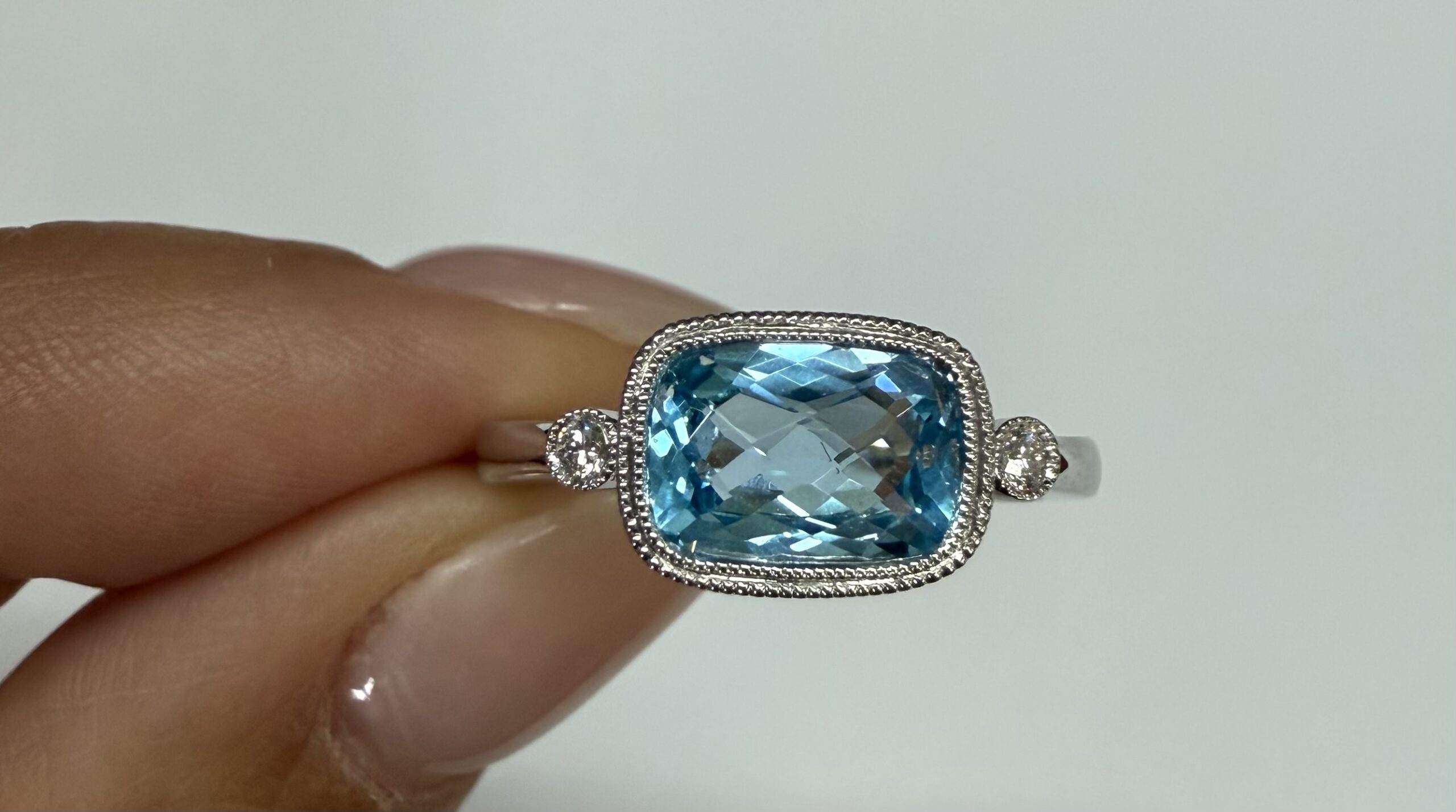 14k White Gold Genuine 1.76 Cttw Blue Topaz & Diamond Bezel Set Ring - Image 2