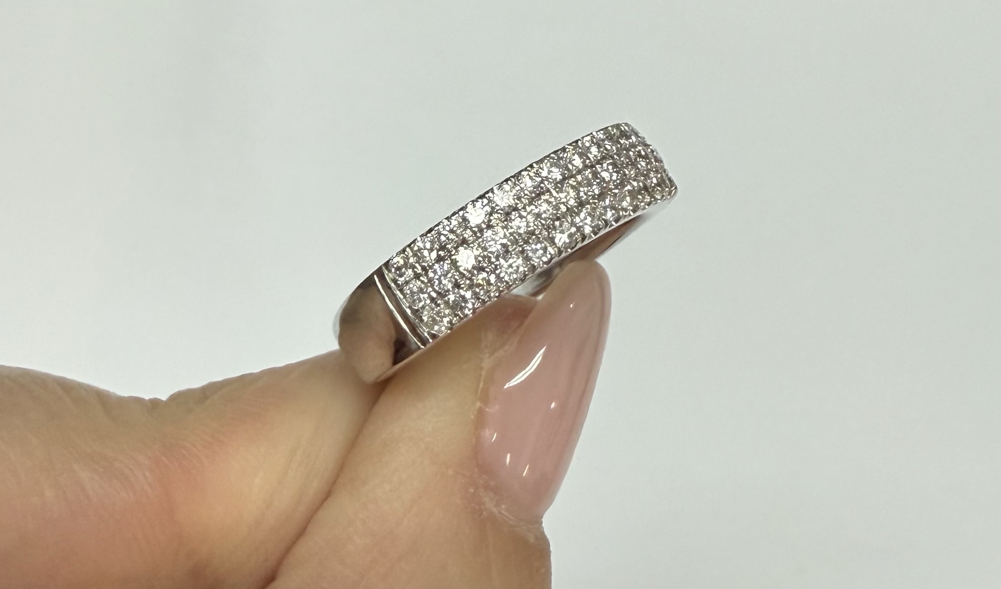 14k White Gold Triple Row Genuine .77 Cttw Round Brilliant Cut Diamond Band - Image 3