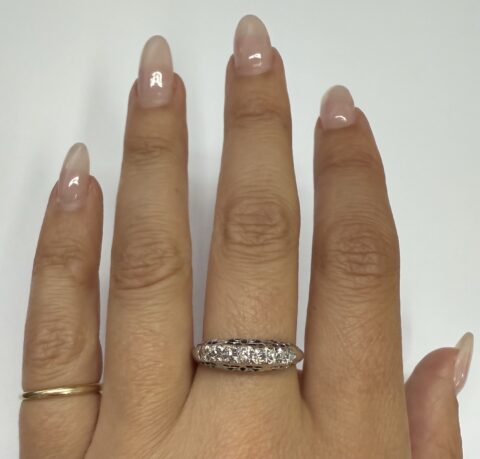 Vintage 14k White Gold Genuine Diamond 7 Stone Filigree Band