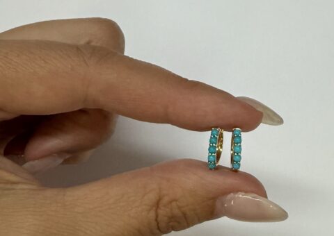 14k Yellow Gold Genuine .47 Cttw Turquoise Huggy Hoop Earrings