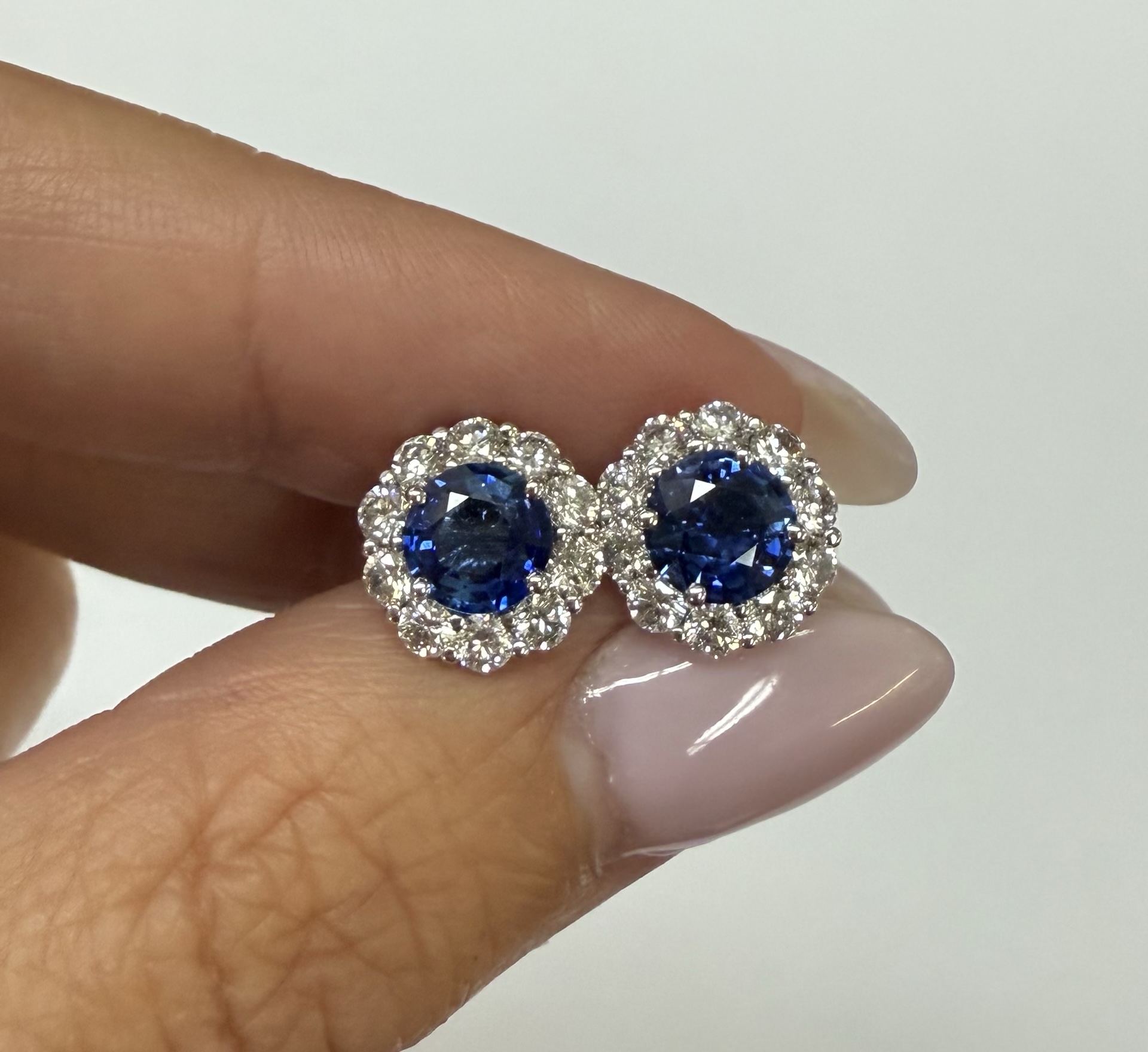 14k White Gold Genuine 1.91 Cttw Sapphire & 1.14 Cttw Genuine Round Brilliant Cut Diamond Cluster Stud Earrings - Image 2