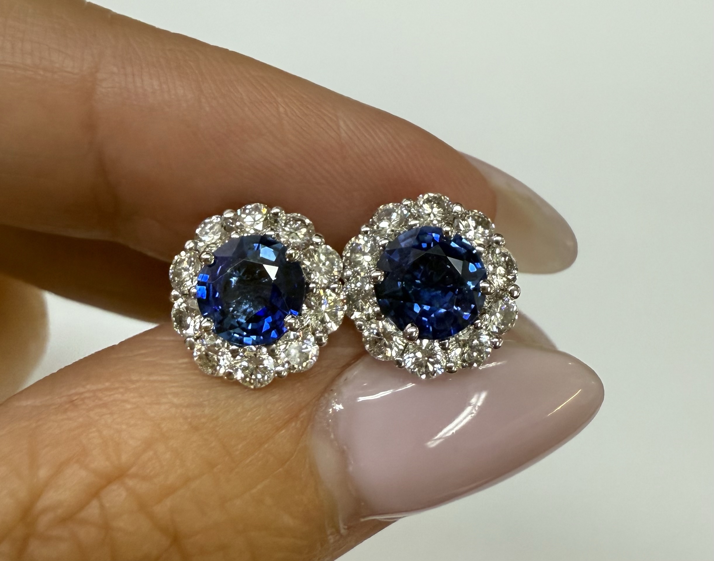 14k White Gold Genuine 1.91 Cttw Sapphire & 1.14 Cttw Genuine Round Brilliant Cut Diamond Cluster Stud Earrings - Image 4