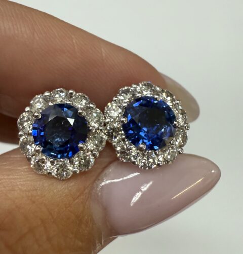 14k White Gold Genuine 1.91 Cttw Sapphire & 1.14 Cttw Genuine Round Brilliant Cut Diamond Cluster Stud Earrings