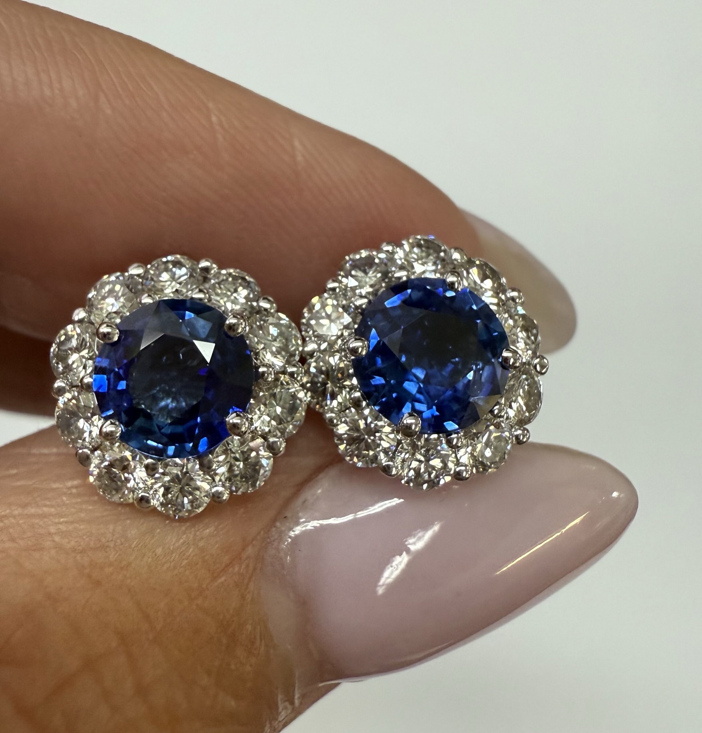 14k White Gold Genuine 1.91 Cttw Sapphire & 1.14 Cttw Genuine Round Brilliant Cut Diamond Cluster Stud Earrings