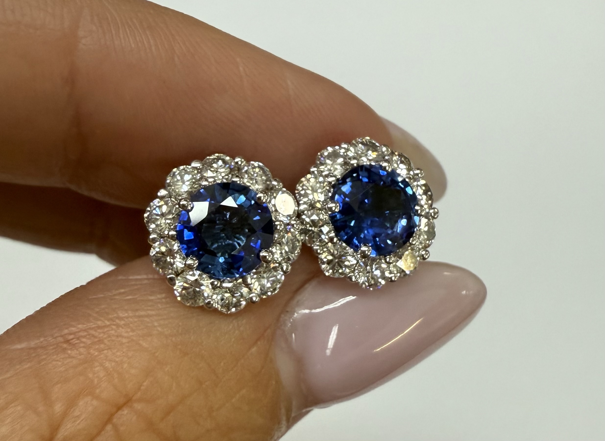 14k White Gold Genuine 1.91 Cttw Sapphire & 1.14 Cttw Genuine Round Brilliant Cut Diamond Cluster Stud Earrings - Image 5