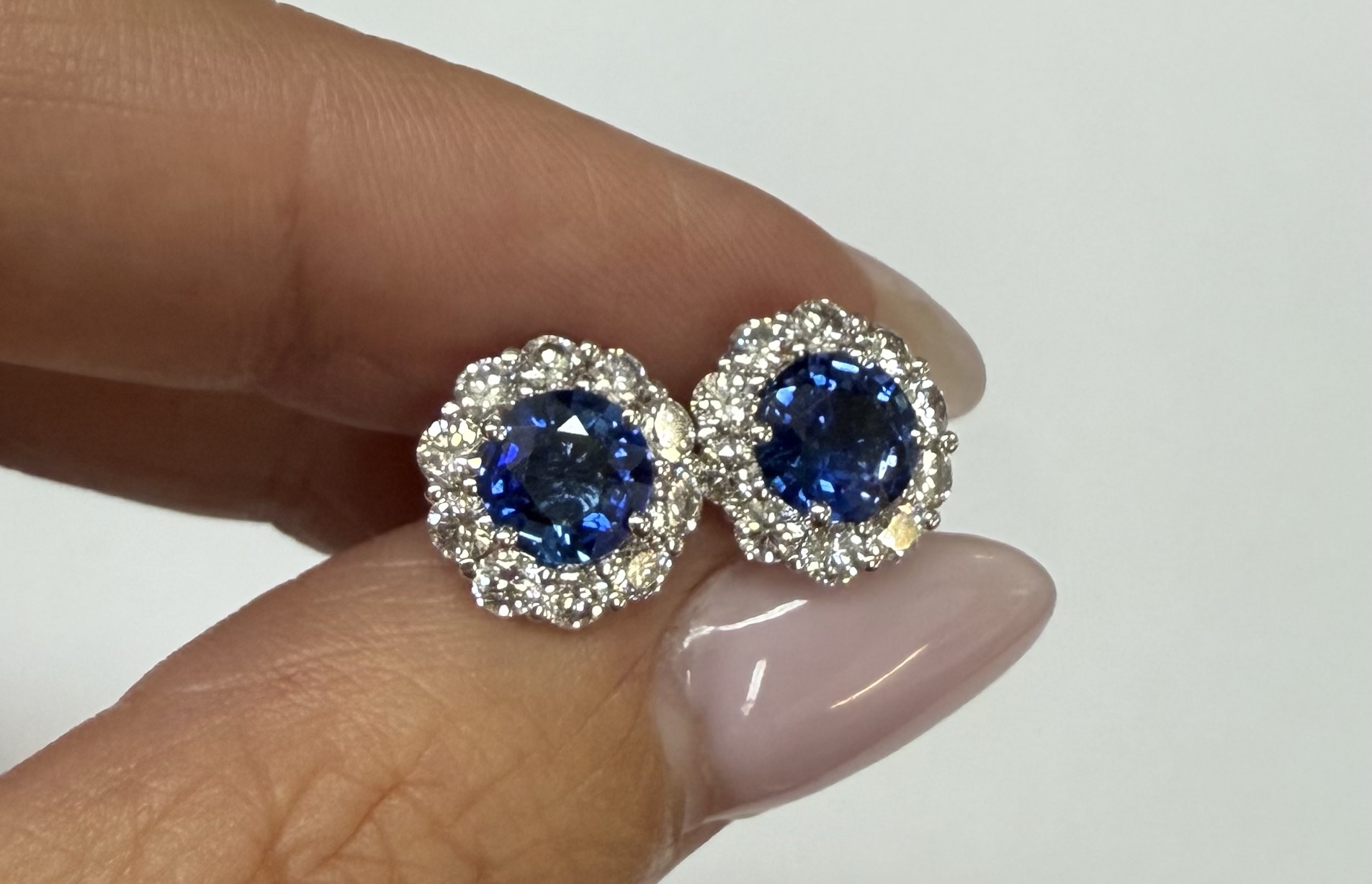 14k White Gold Genuine 1.91 Cttw Sapphire & 1.14 Cttw Genuine Round Brilliant Cut Diamond Cluster Stud Earrings - Image 7