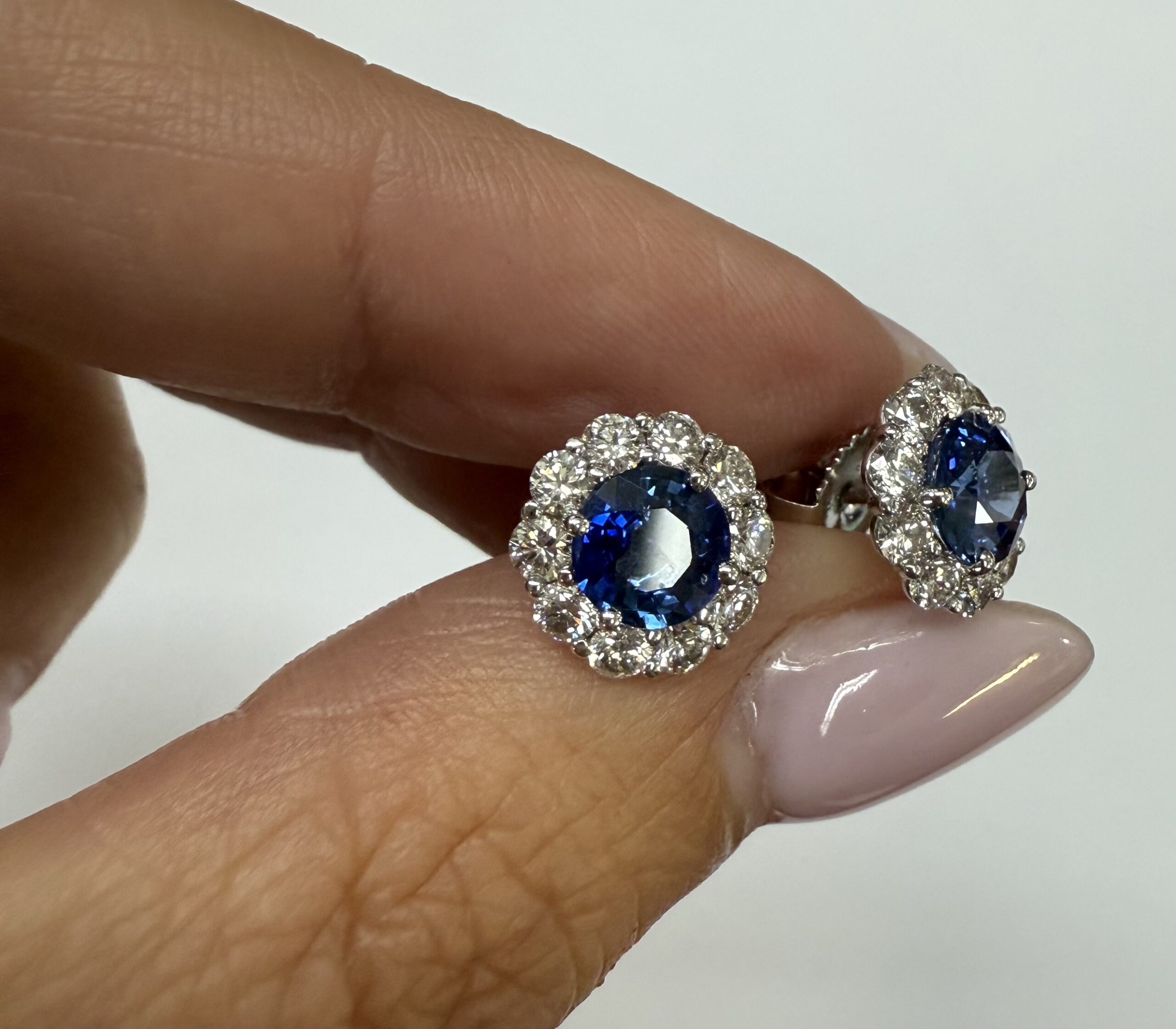 14k White Gold Genuine 1.91 Cttw Sapphire & 1.14 Cttw Genuine Round Brilliant Cut Diamond Cluster Stud Earrings - Image 10