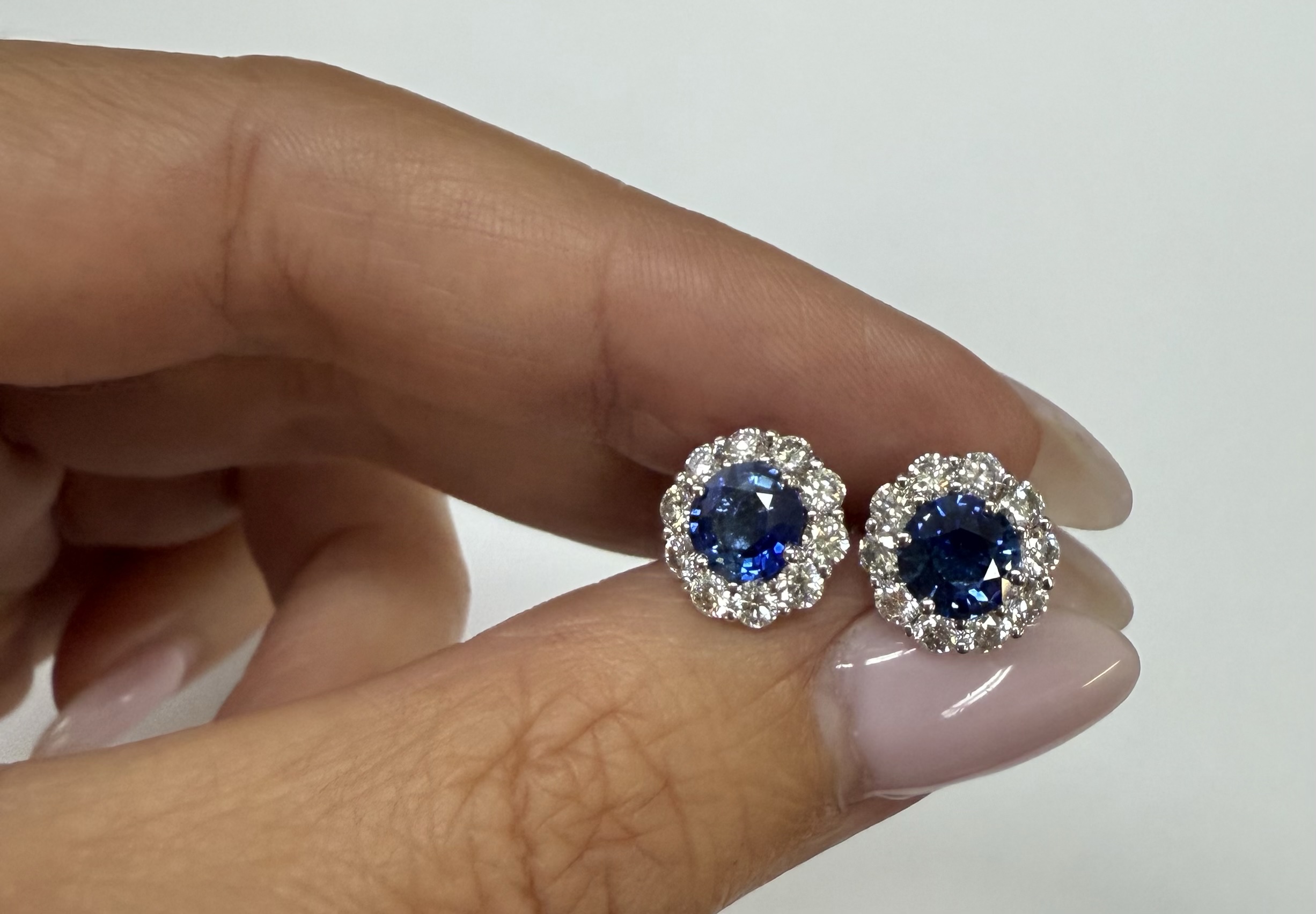 14k White Gold Genuine 1.91 Cttw Sapphire & 1.14 Cttw Genuine Round Brilliant Cut Diamond Cluster Stud Earrings - Image 12